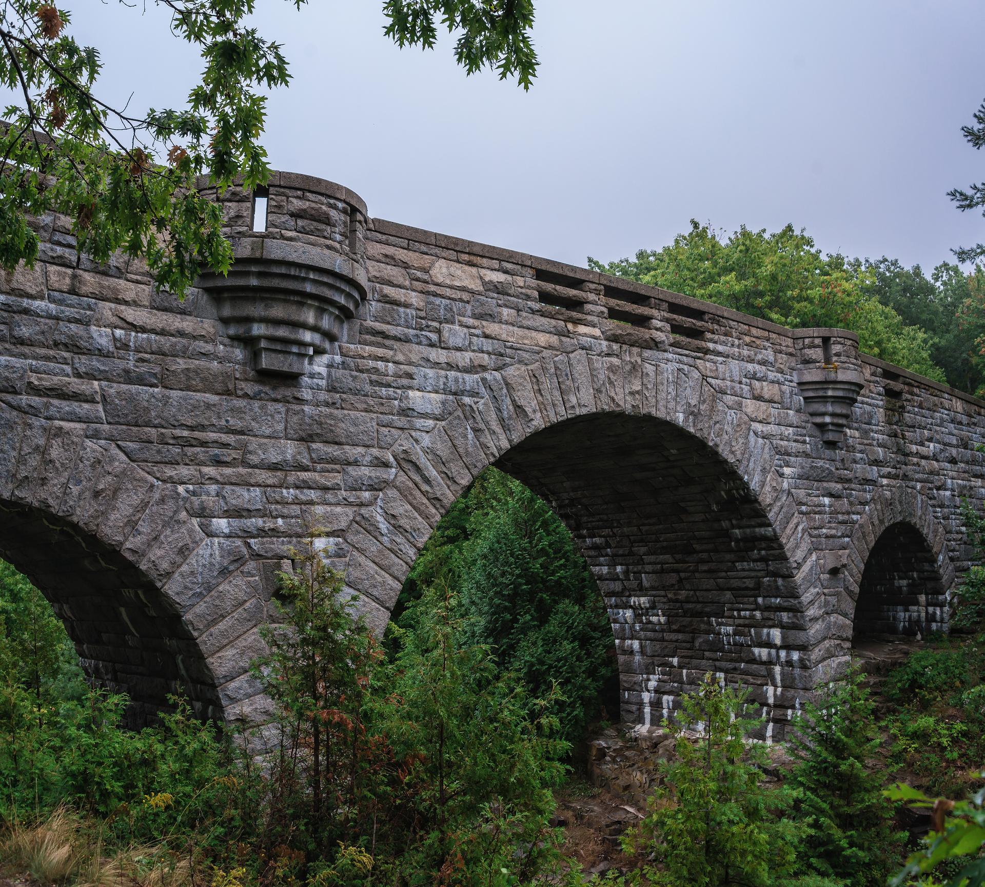 Impressive stone arch bridge with multiple arches, surrounded by green forest.