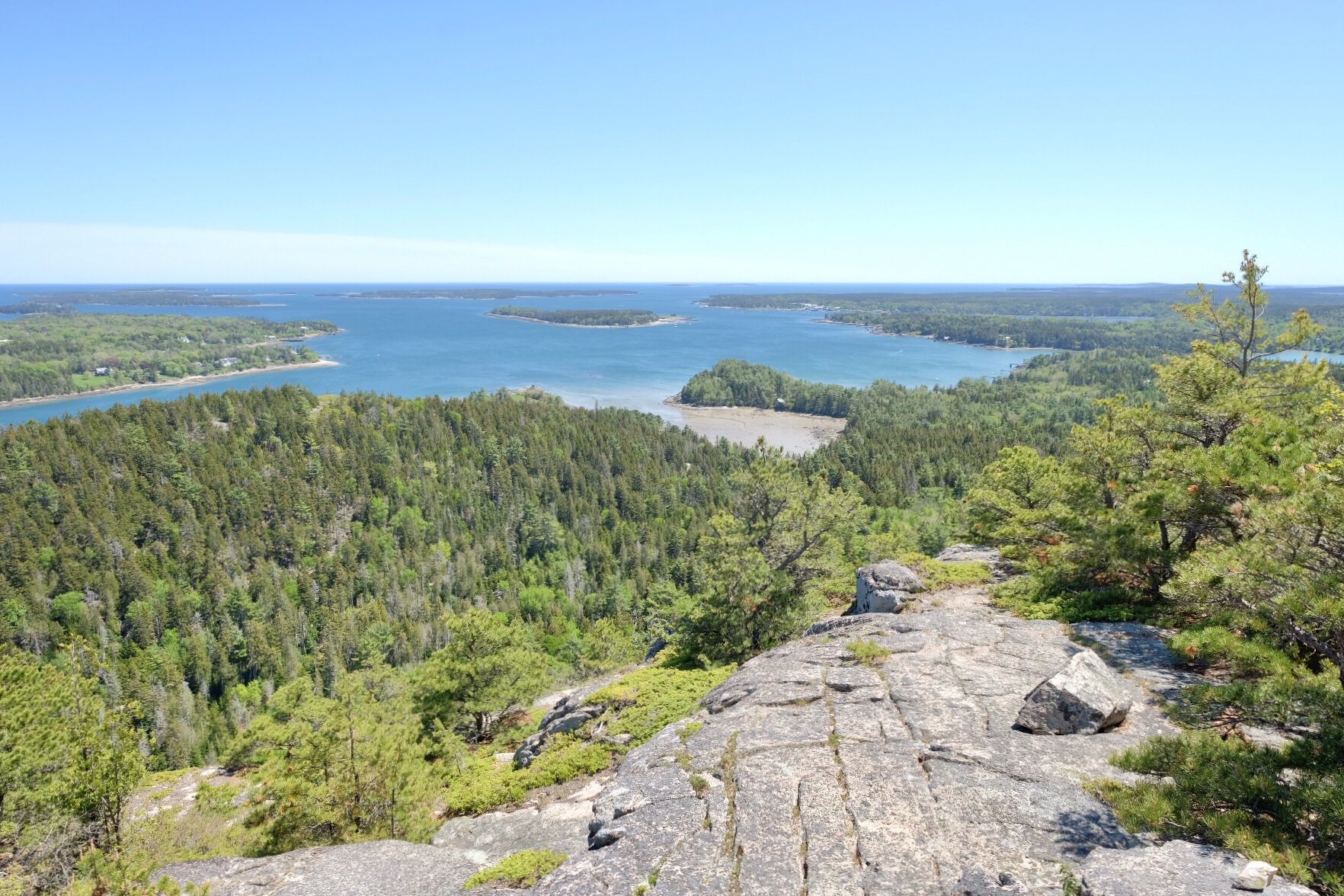 Expansive view of a blue bay, green forests, and rocky terrain on a clear day. - Acadia Mountain Loop