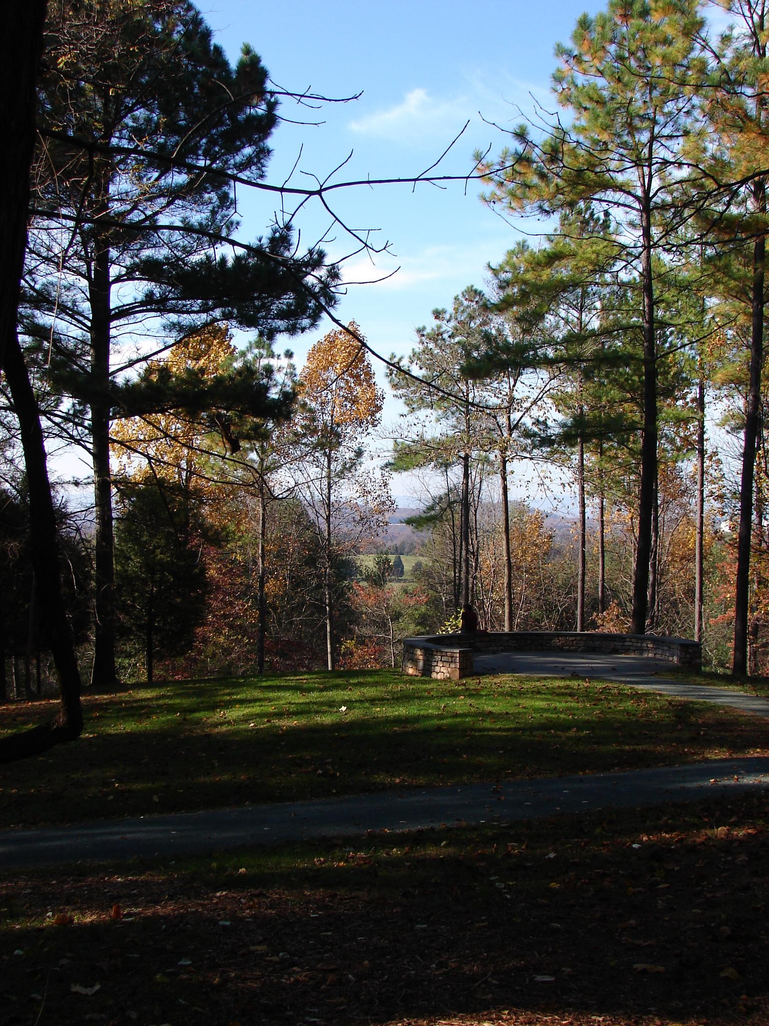 A sunny clearing with a stone bench overlooks a distant forested landscape.