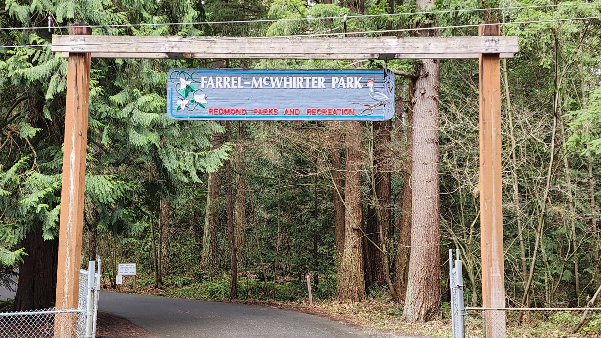 Wooden archway over a paved path leading into a dense forest.