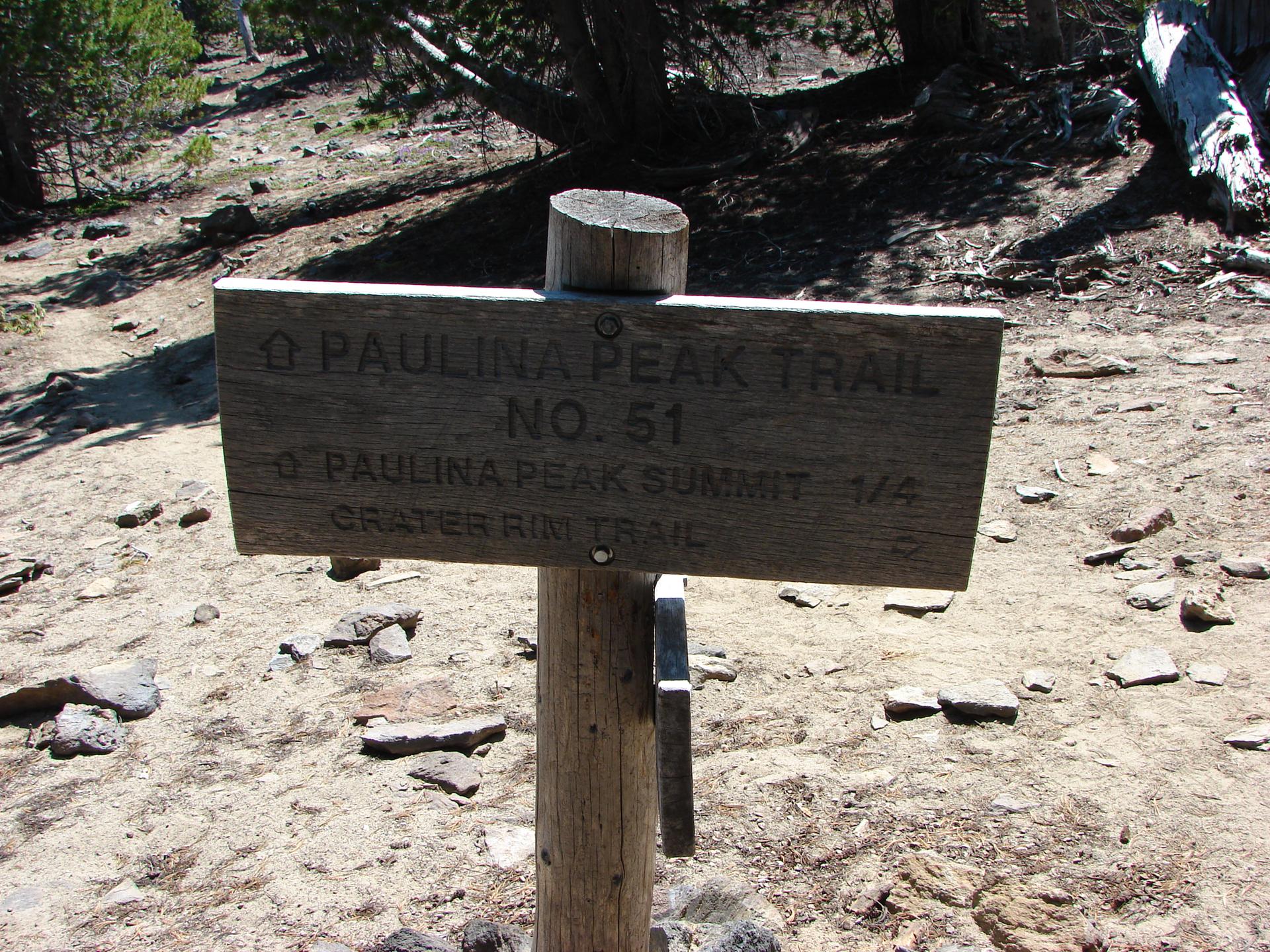 A weathered wooden trail sign stands on a dirt path in a forest.