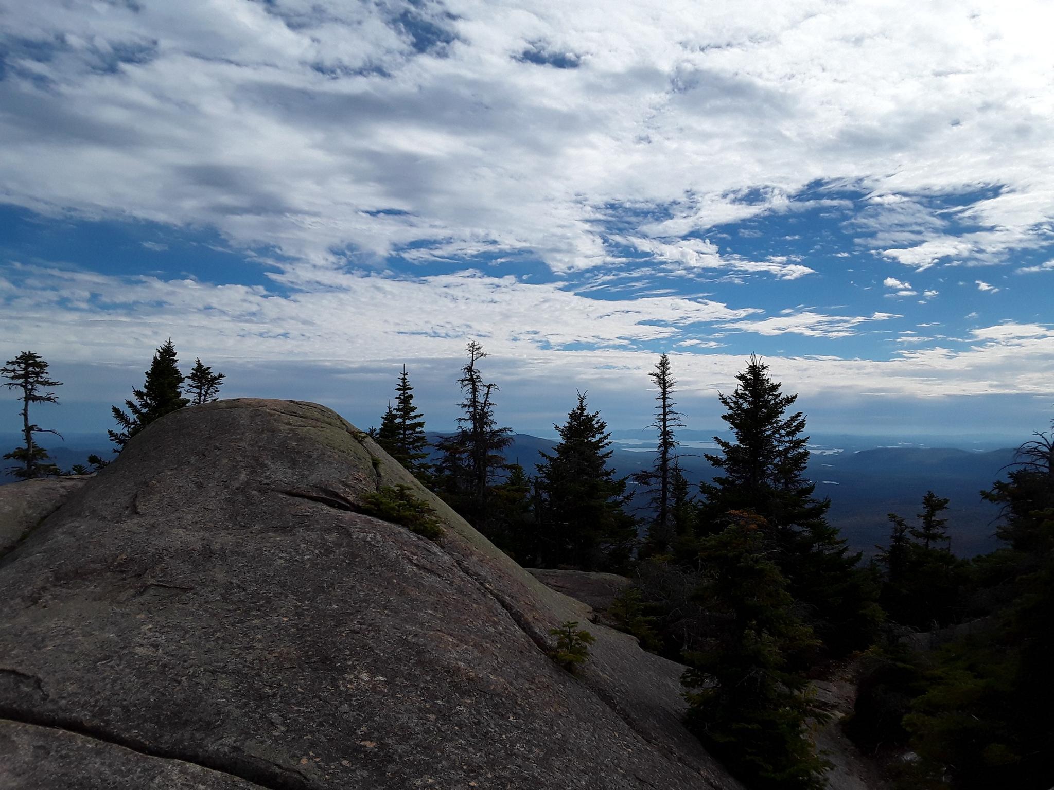 Rocky mountain peak with evergreen trees under a partly cloudy blue sky.