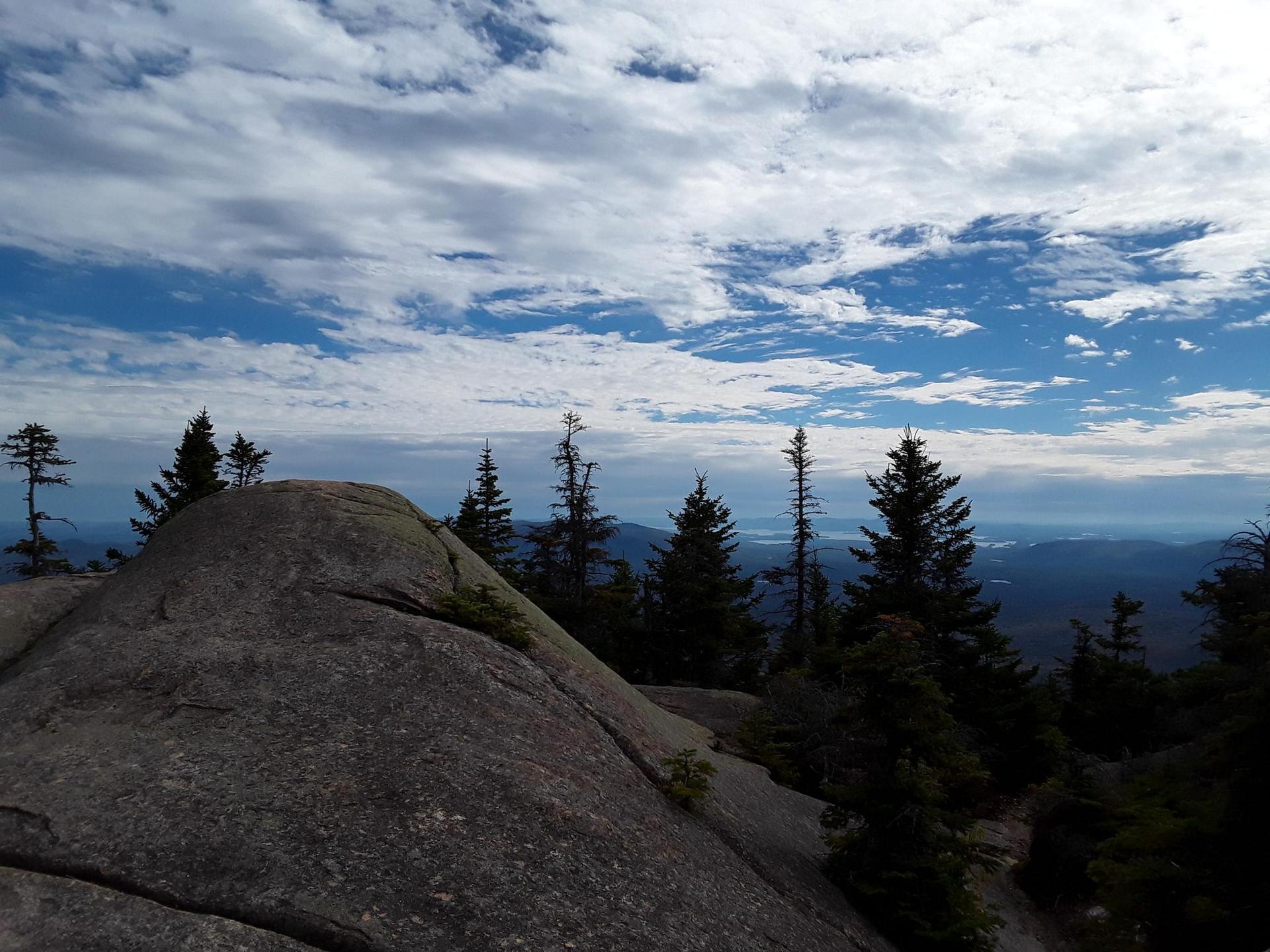 Rocky mountain peak with evergreen trees under a partly cloudy blue sky.