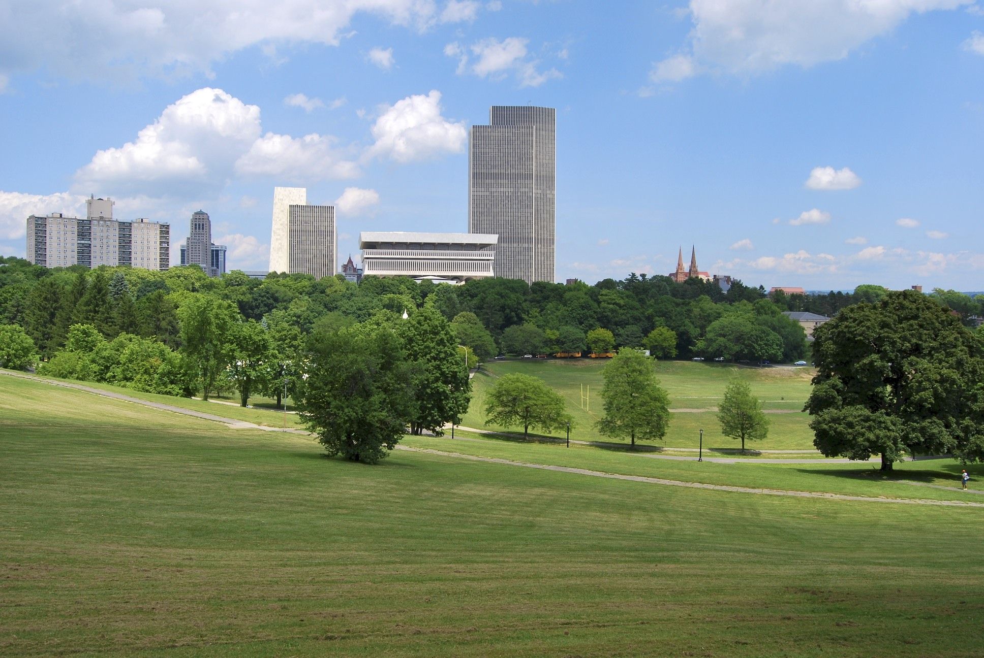 A green park with trees overlooks a distant city skyline on a sunny day. - Lincoln Park loop