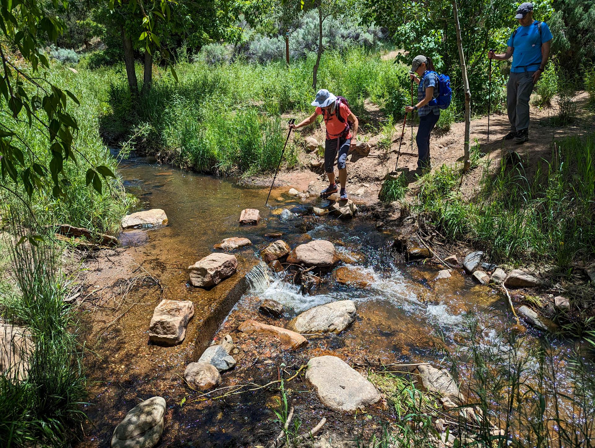 Three hikers carefully cross a rocky stream in a lush, sunlit forest.
