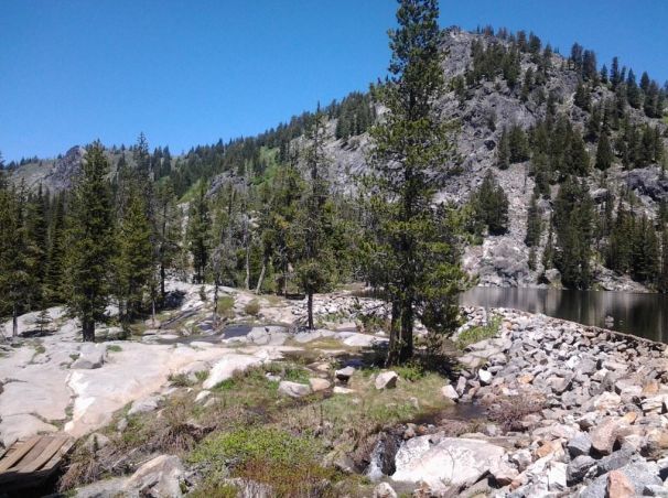 Sunny view of a rocky shore, pine trees, a stream, and a mountain lake. - Rapid Lake Trail