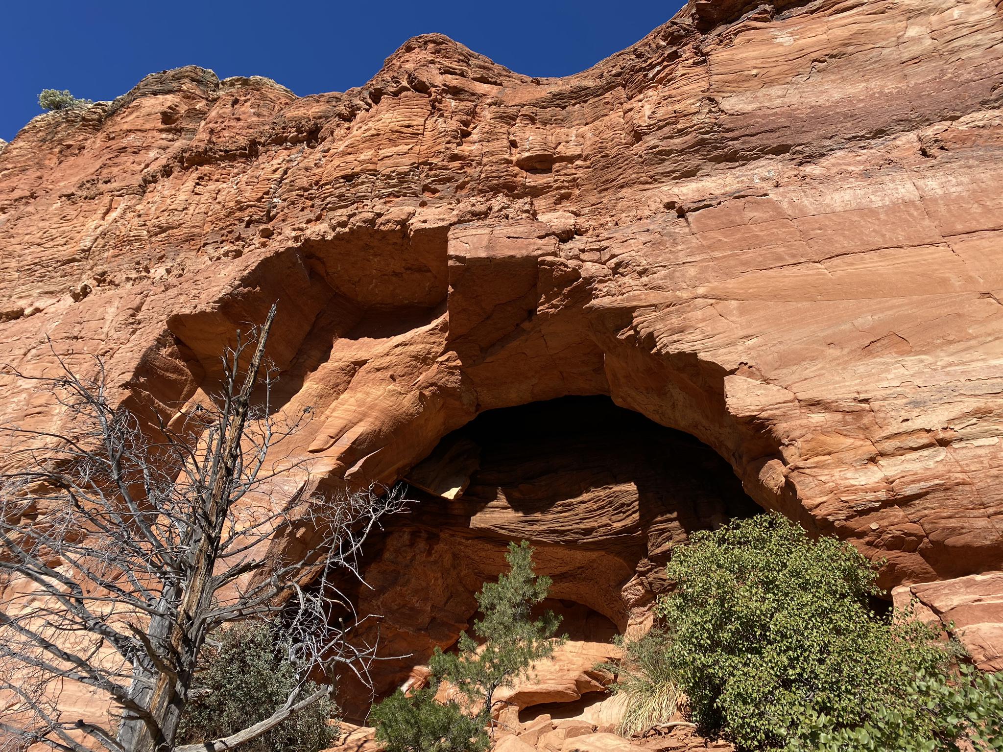 Large natural arch or cave opening in a red rock cliff face, with sparse trees.