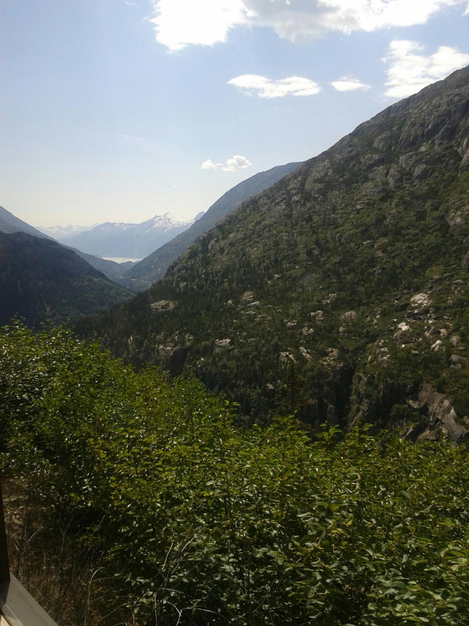 Sunny view of a deep, green mountain valley with distant water.