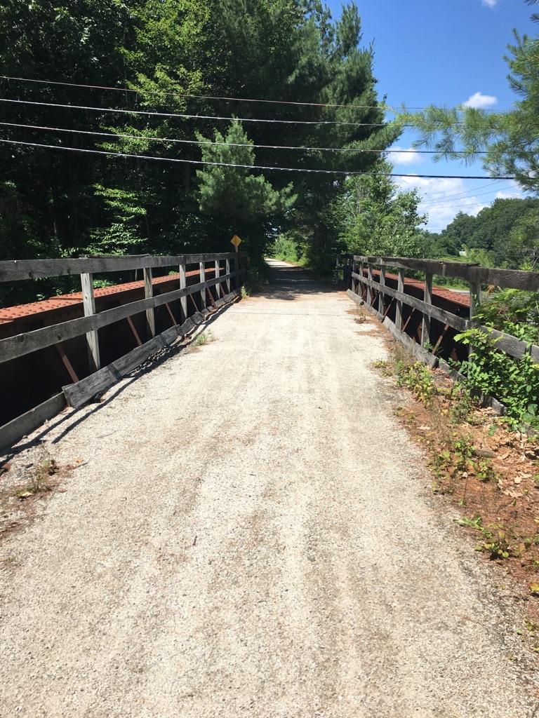 Gravel path leading to a wooden bridge through a sunny, green forest.