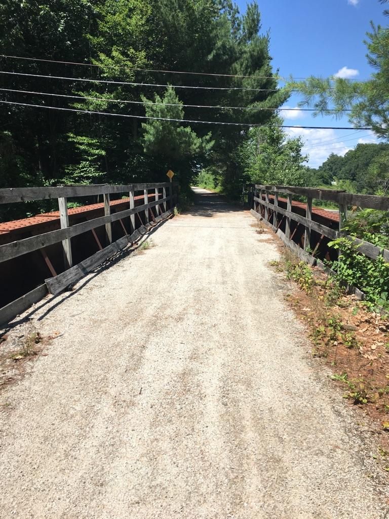 Gravel path leading to a wooden bridge through a sunny, green forest. - Northern Rail Trail