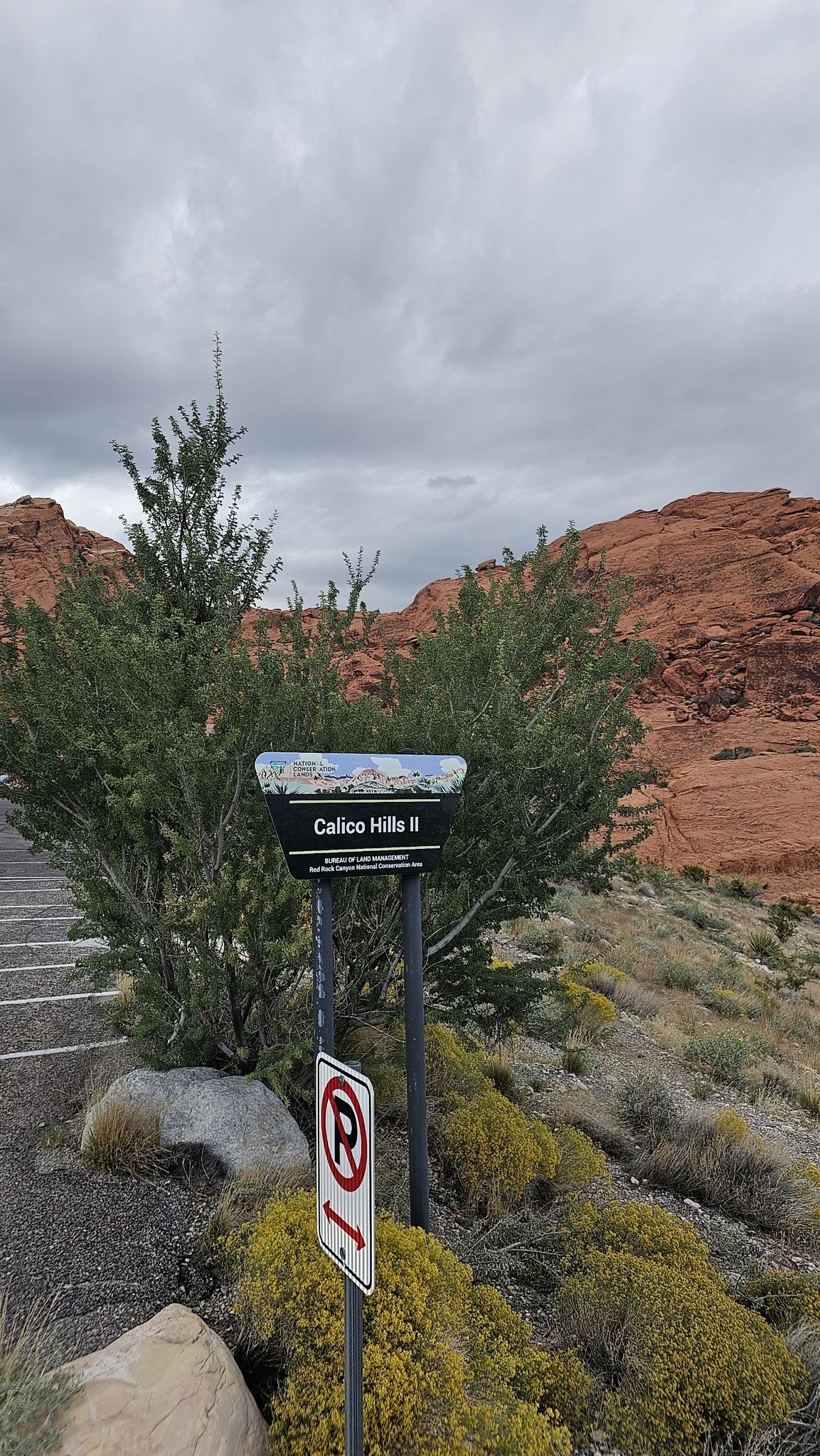 A sign for 'Calico Hills II' amidst green bushes, under a cloudy sky.
