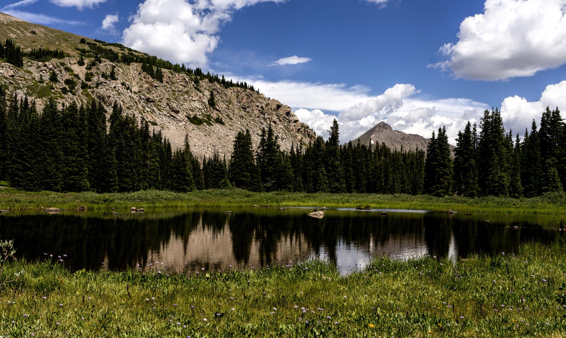 A serene mountain lake reflecting pine trees and a rocky peak under a blue sky.