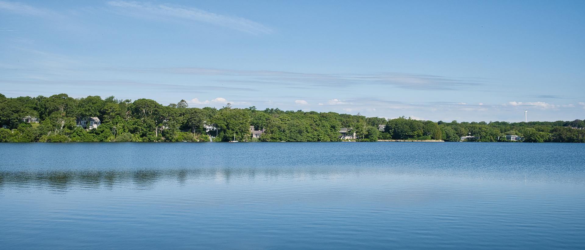 Calm blue lake reflects a clear sky, bordered by a green forested shore.
