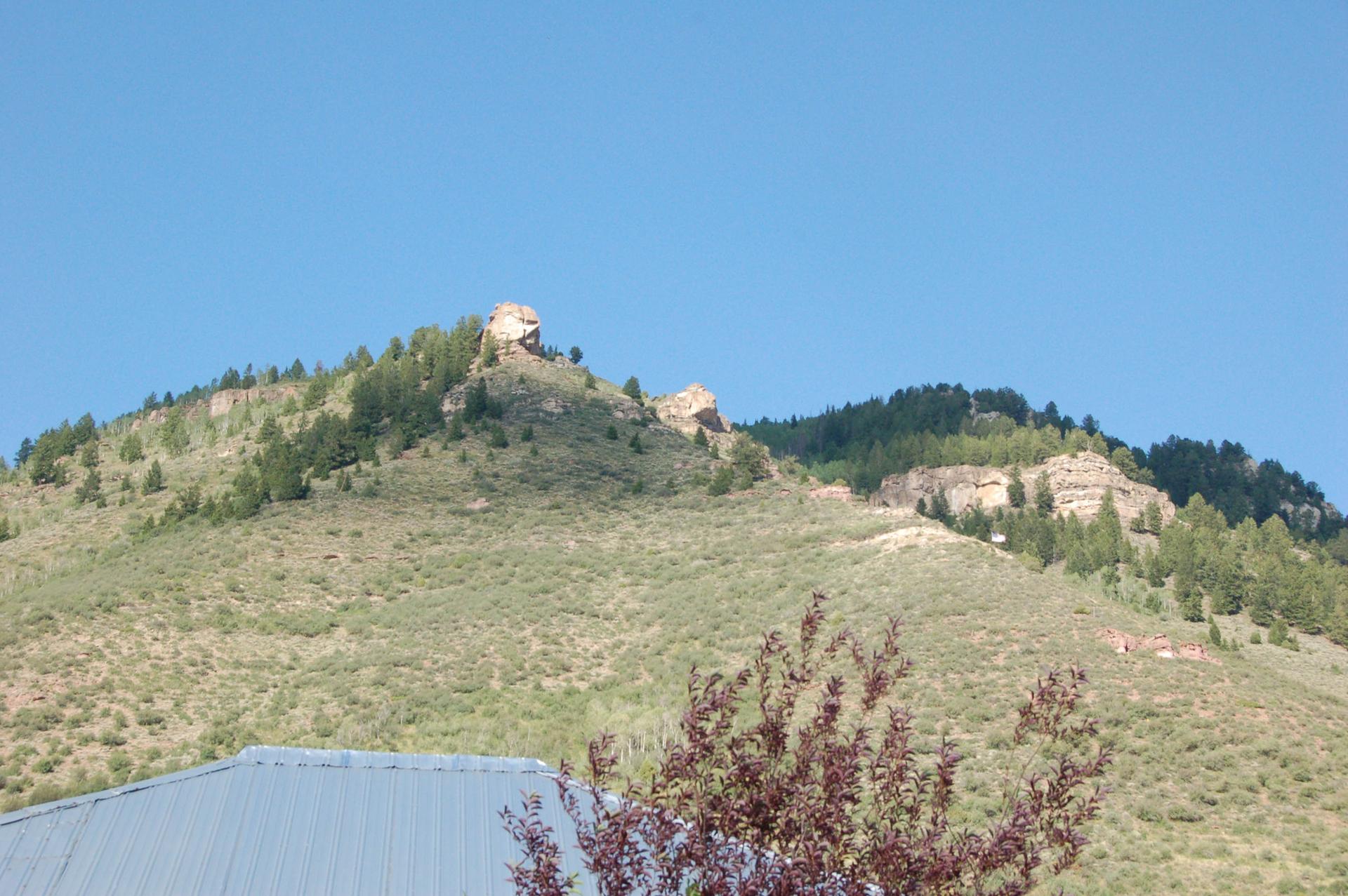 Sunny hillside with scattered trees, rocky cliffs, and a clear blue sky.