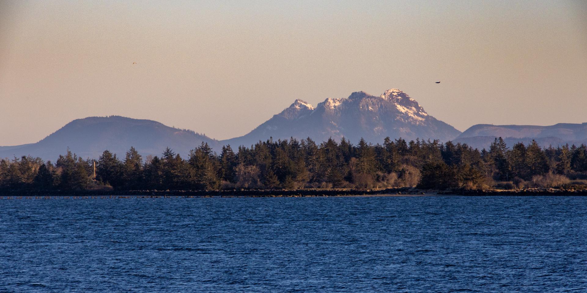 Blue water in foreground, tree-lined shore, and distant snow-capped mountains.