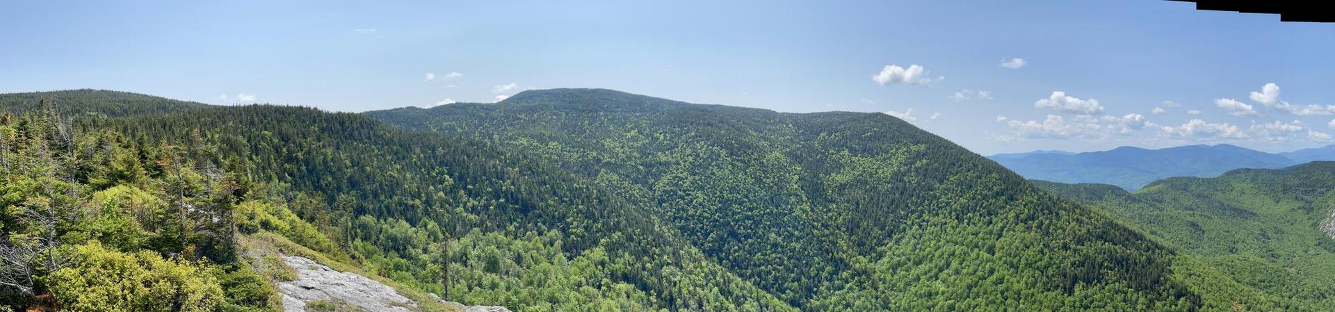 Panoramic view of vast, green forested mountains under a bright, sunny sky.