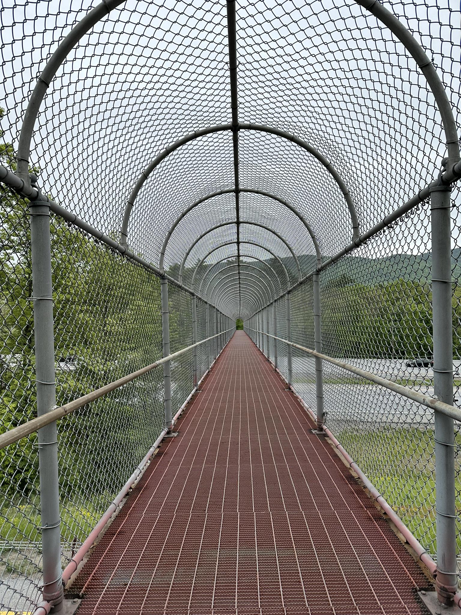 A long, arched chain-link pedestrian bridge over a highway on an overcast day.