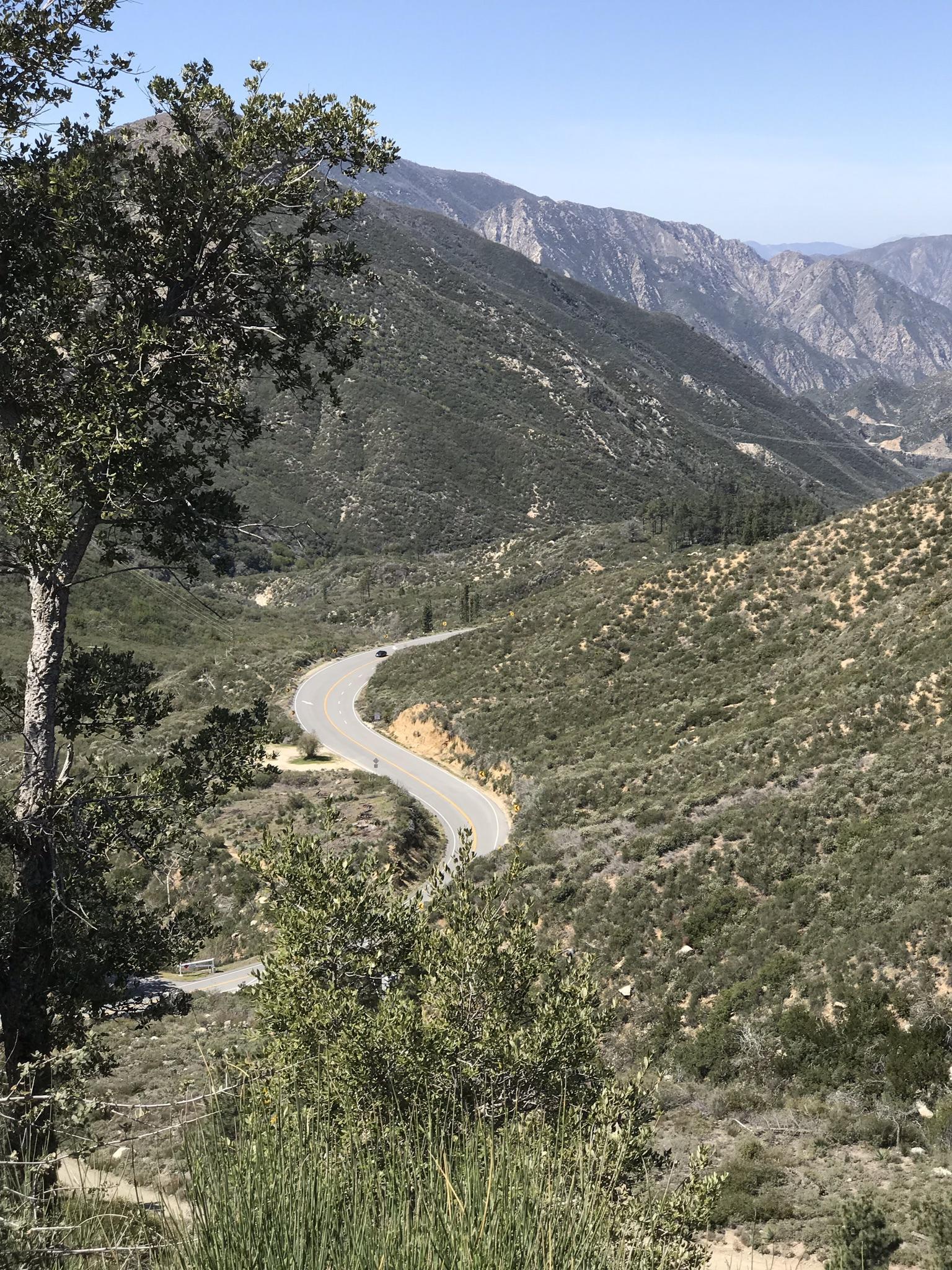 Winding road through lush green mountains under a bright blue sky.