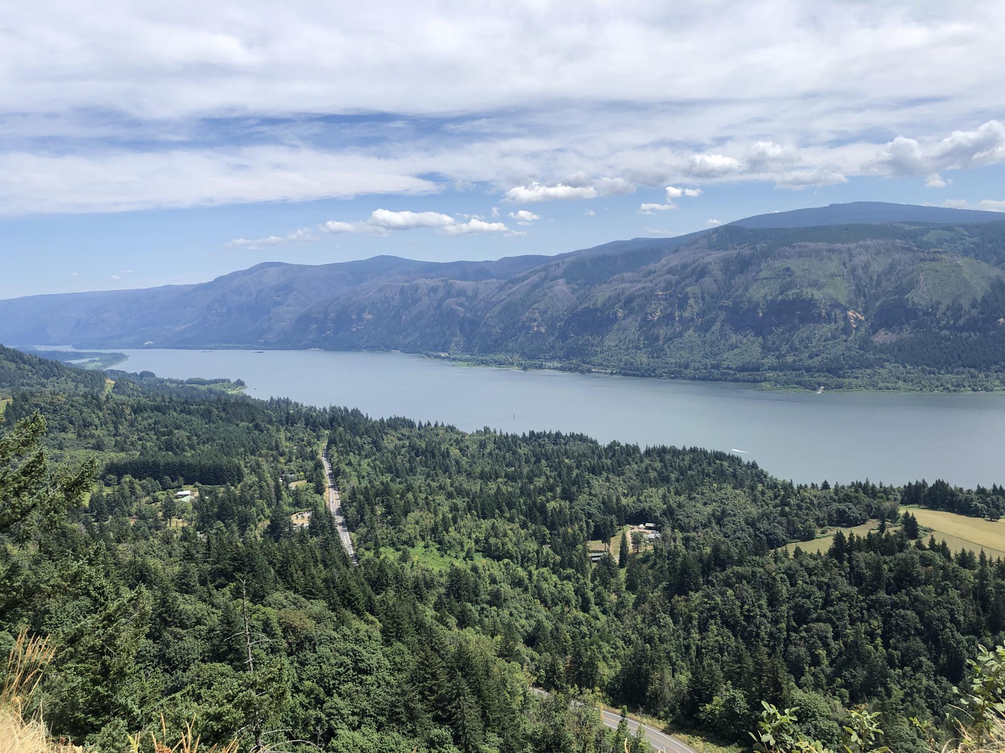 Wide river flows through a forested valley under a bright, partly cloudy sky.