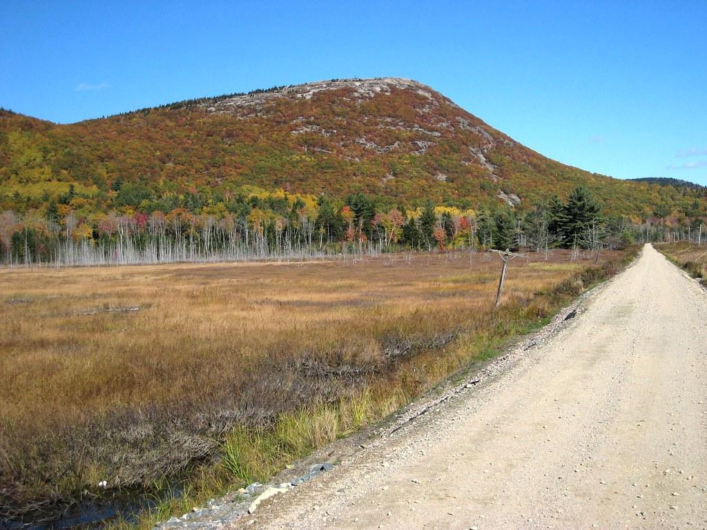 A dirt road leads past a field towards a mountain with autumn trees.