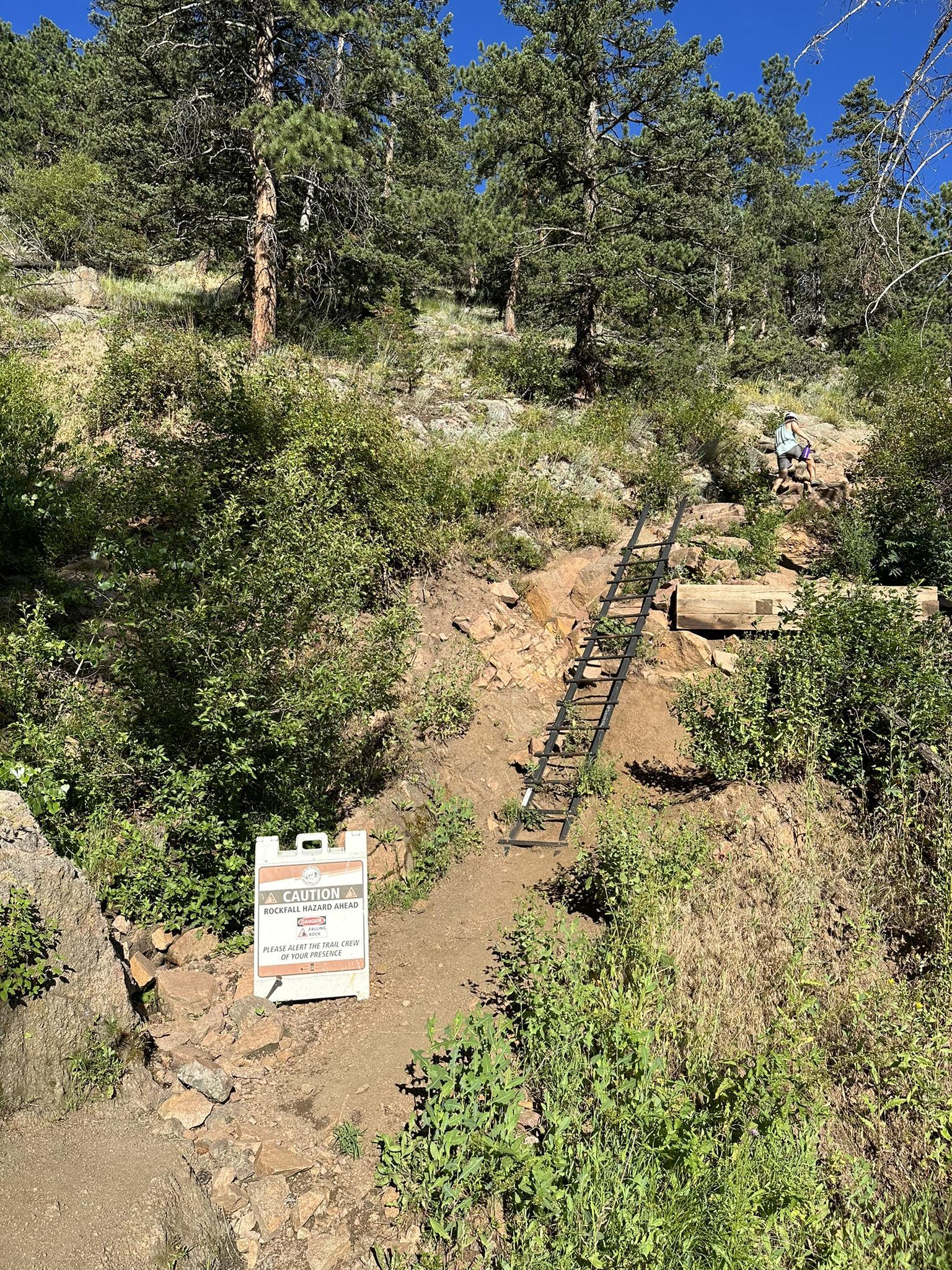 Steep hillside with a metal ladder and a person hiking in the distance.