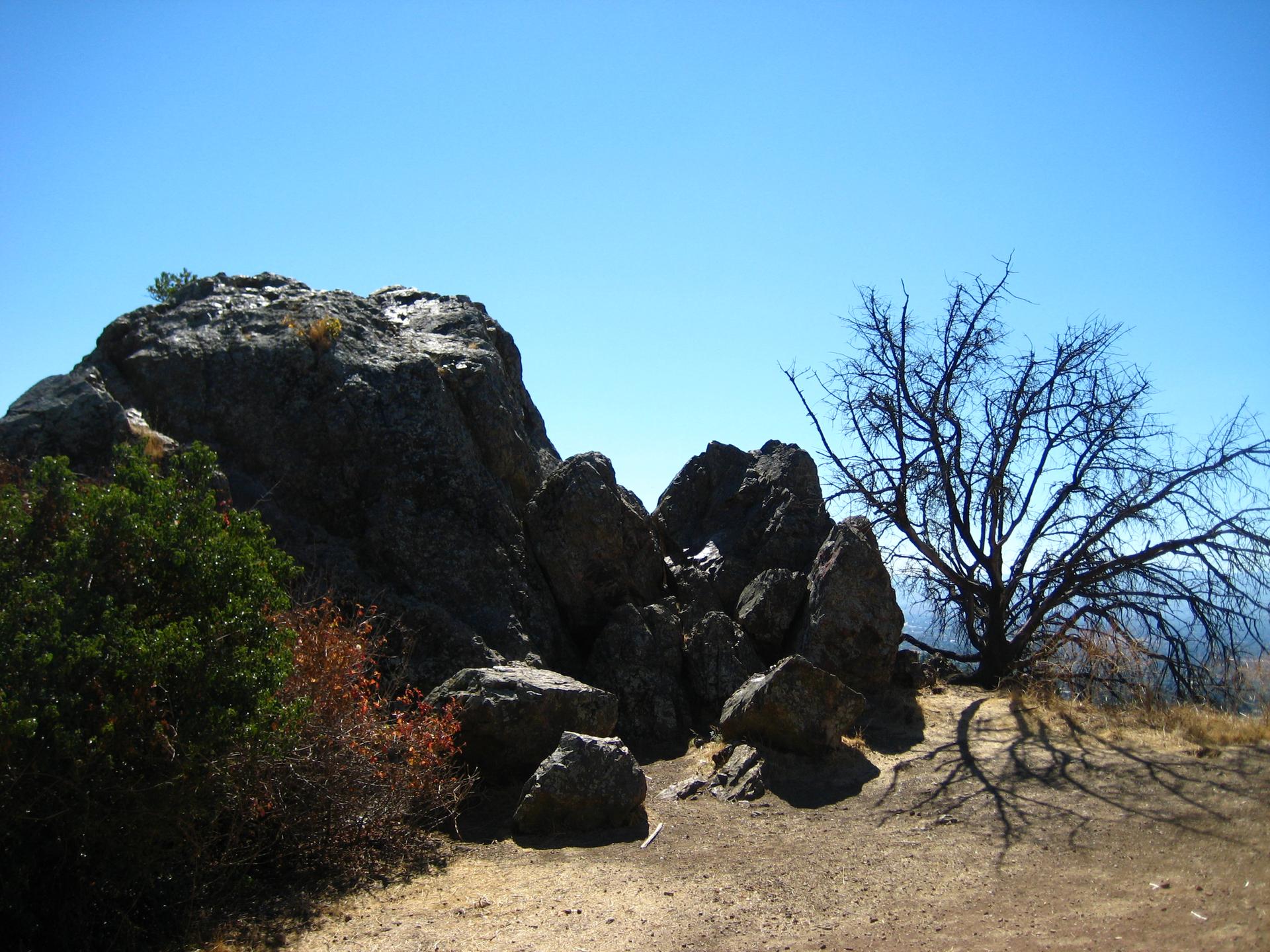 Large dark rock formations and a bare tree under a clear, bright blue sky.