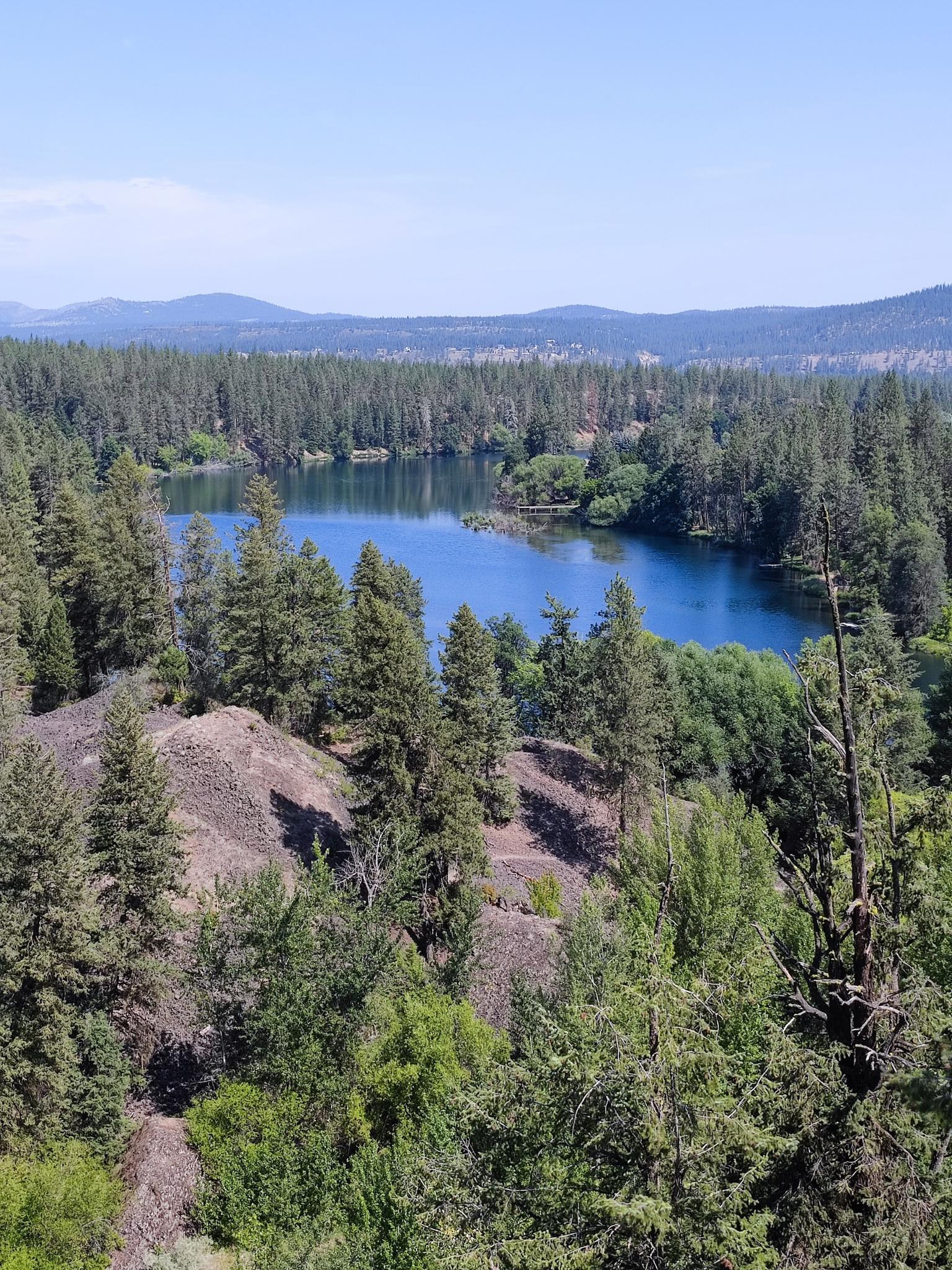An aerial view of a blue lake surrounded by vast green forests and distant mountains.