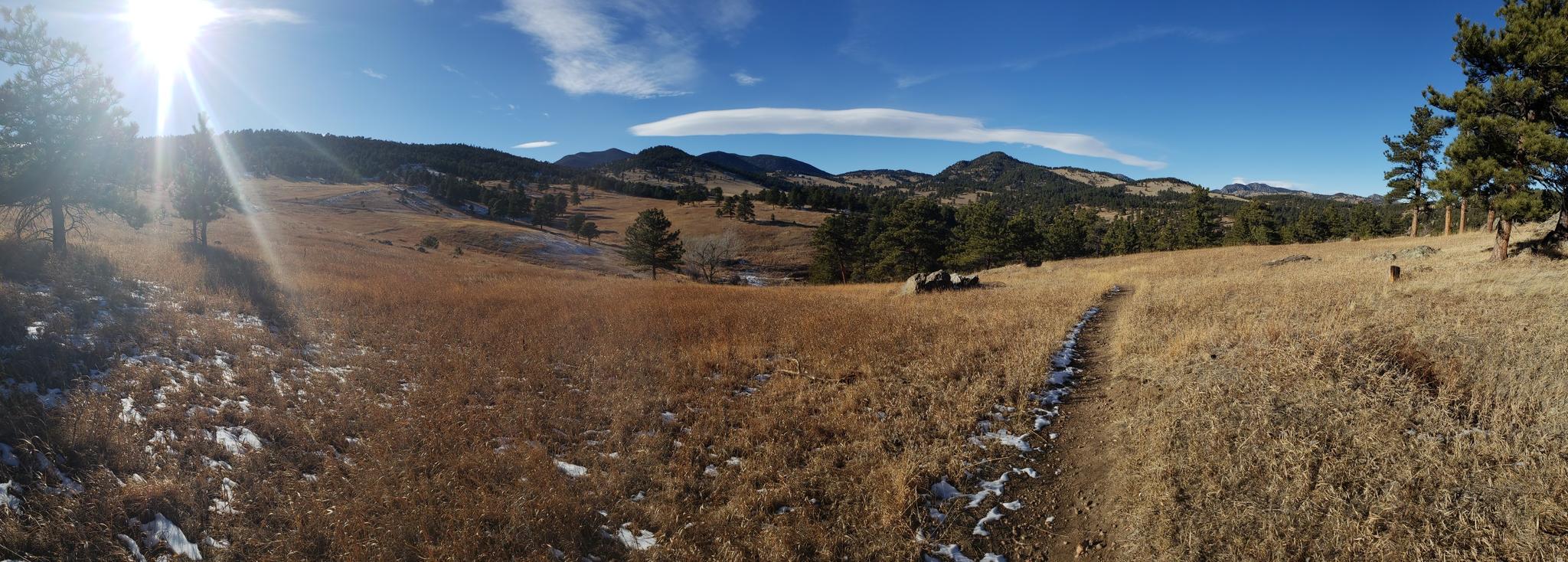 Panoramic view of a vast golden field with distant mountains under a bright sun.