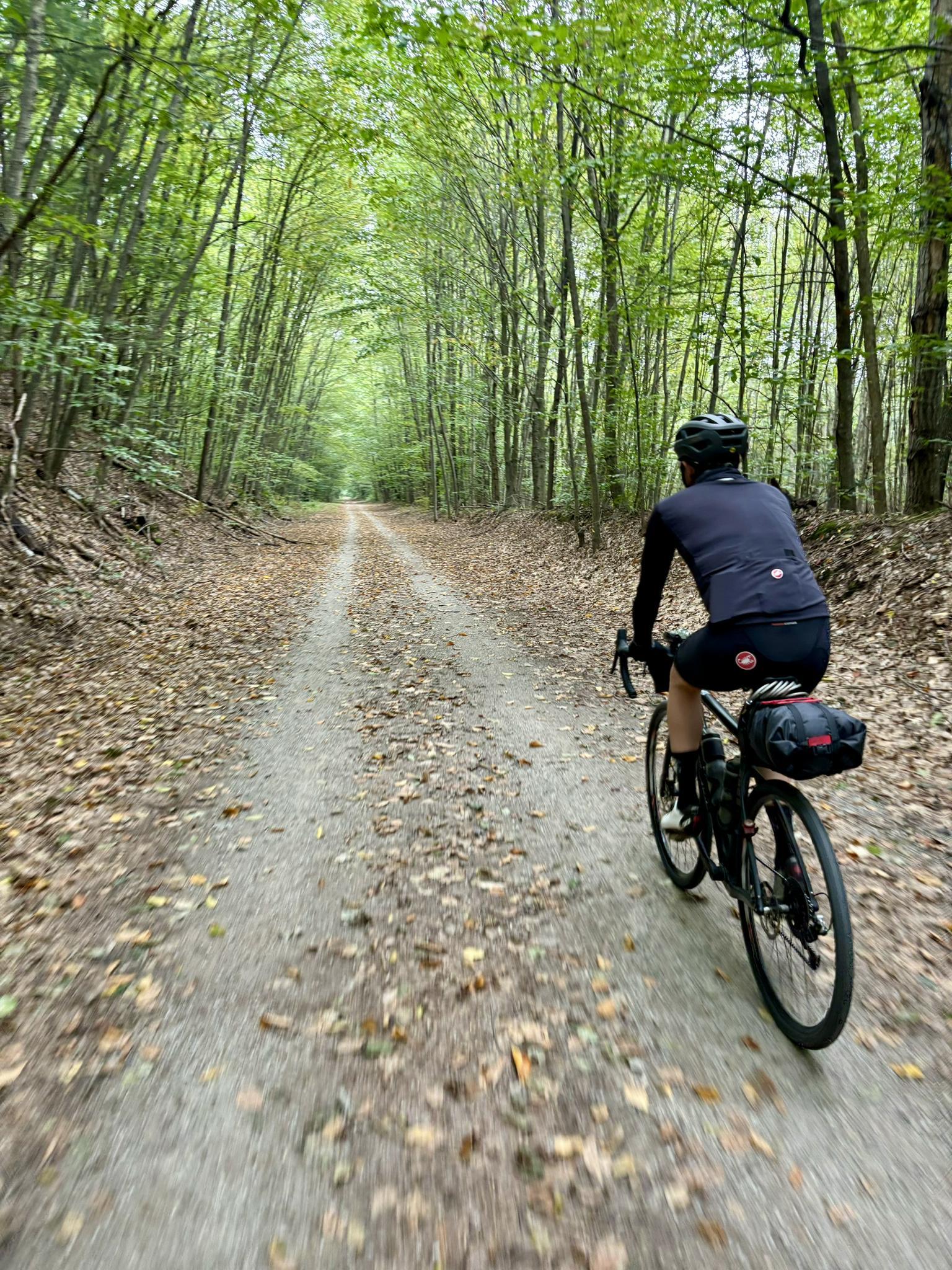 Person cycling on a leaf-strewn dirt road through a vibrant green forest.