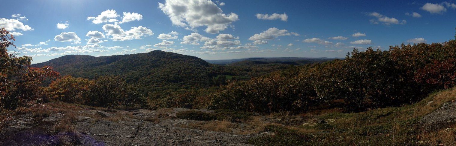 Panoramic view of forested mountains under a bright blue sky with clouds. - Bald Rock Mountain Loop