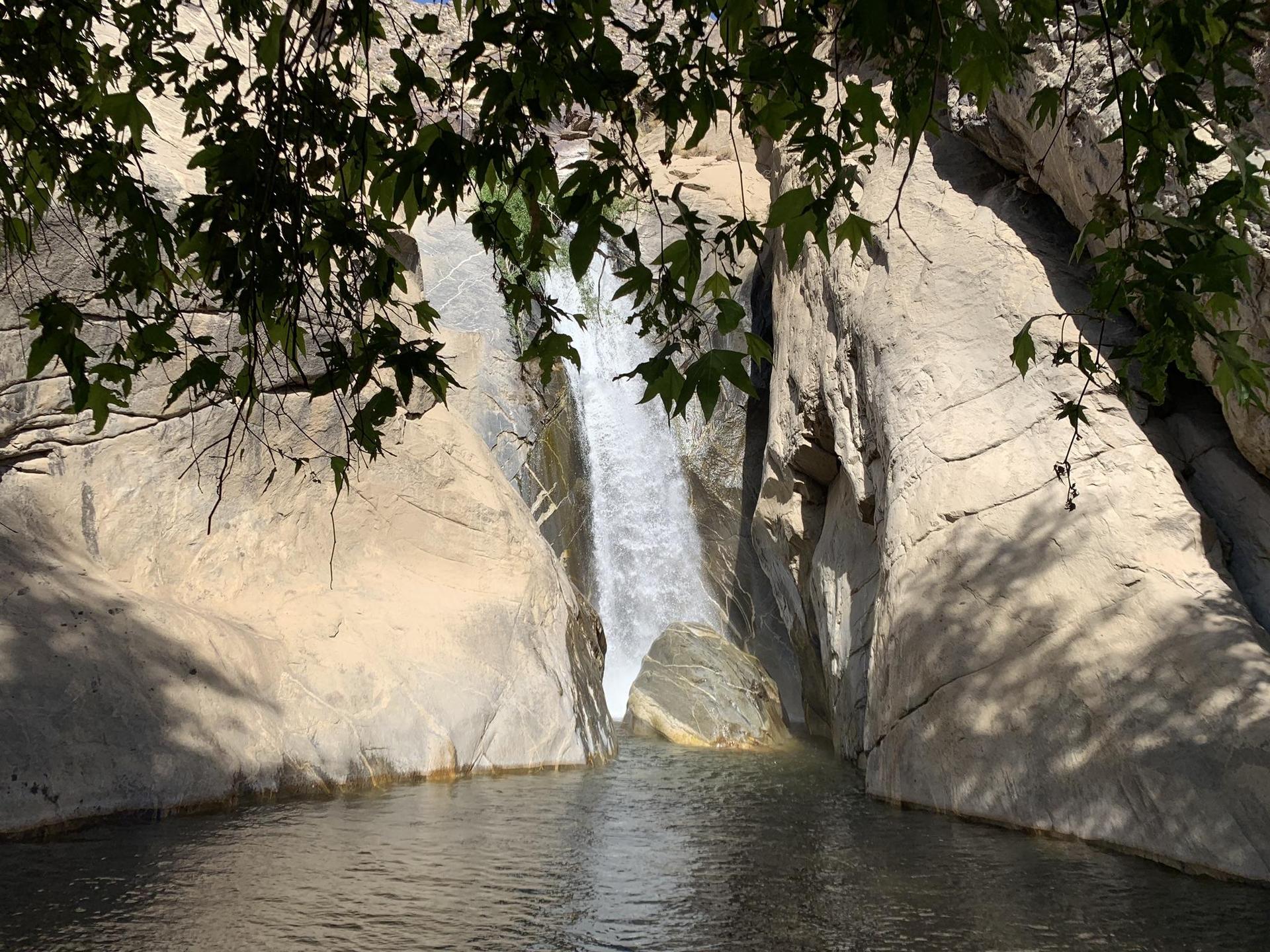 Waterfall plunges into a calm pool surrounded by smooth rock walls and green foliage.