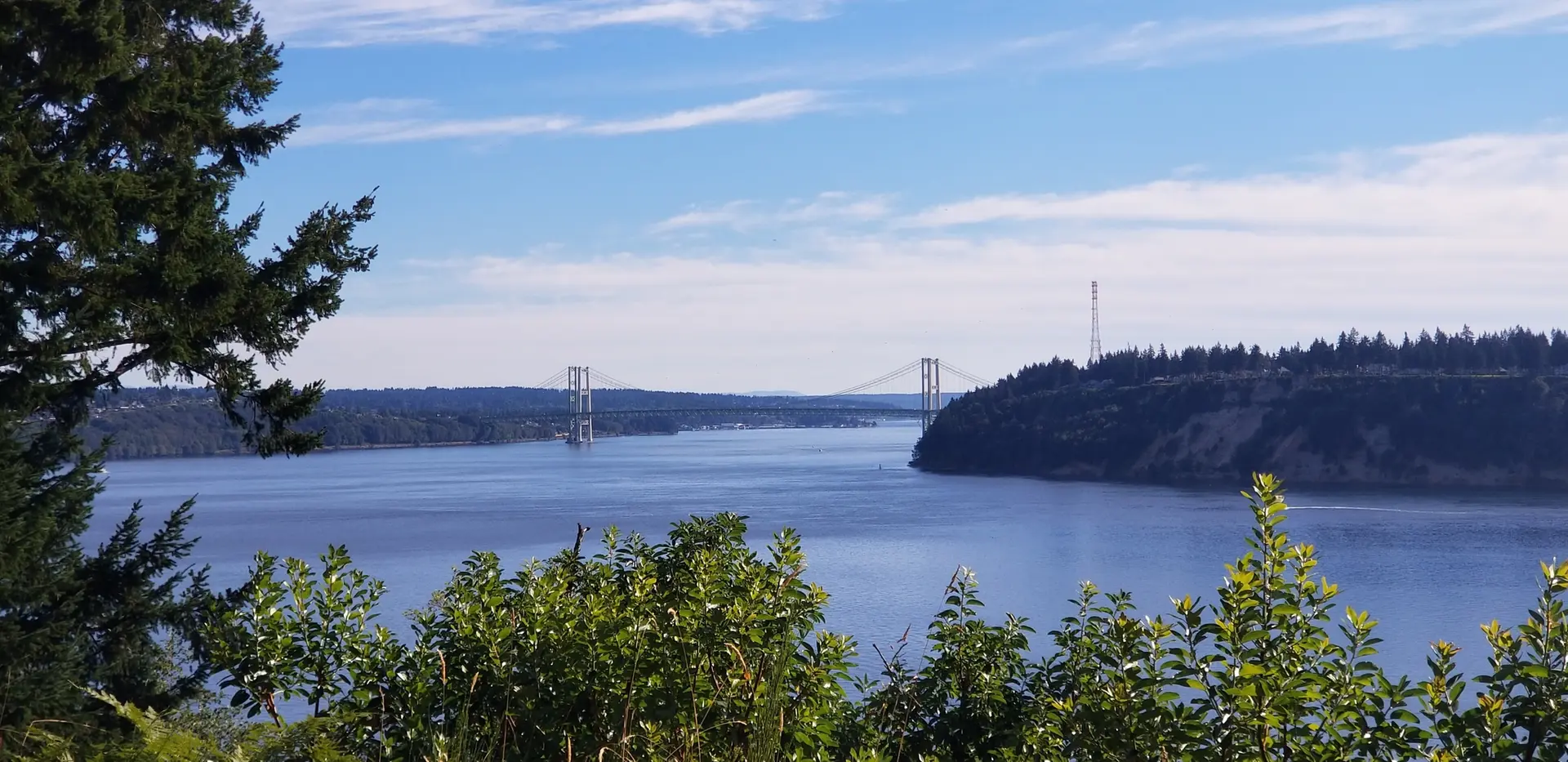 Distant suspension bridge spans wide water under a clear blue sky.