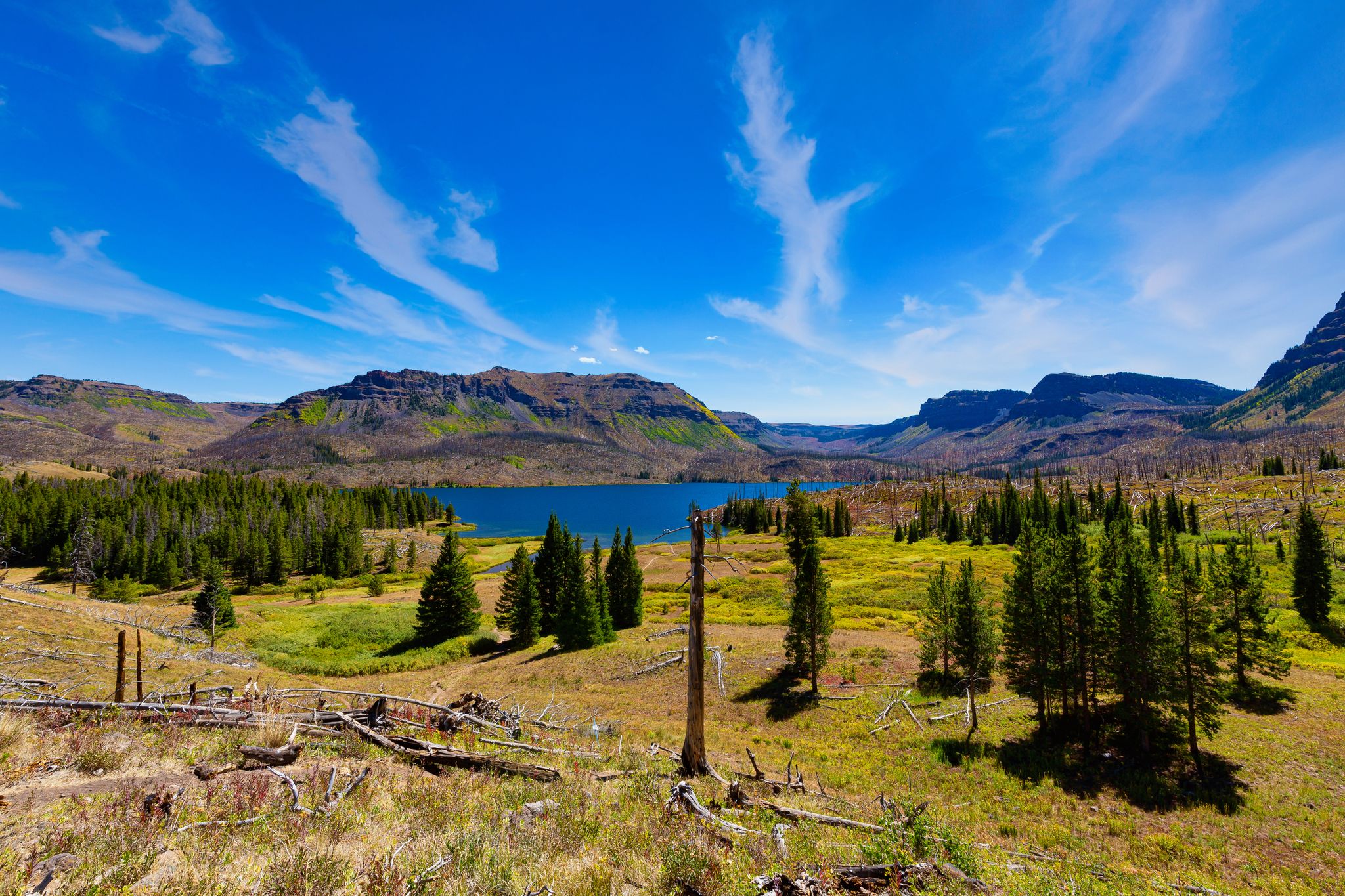 Bright sunny day over a blue lake surrounded by mountains and scattered pine trees. - Devils Causeway and Chinese Wall Loop