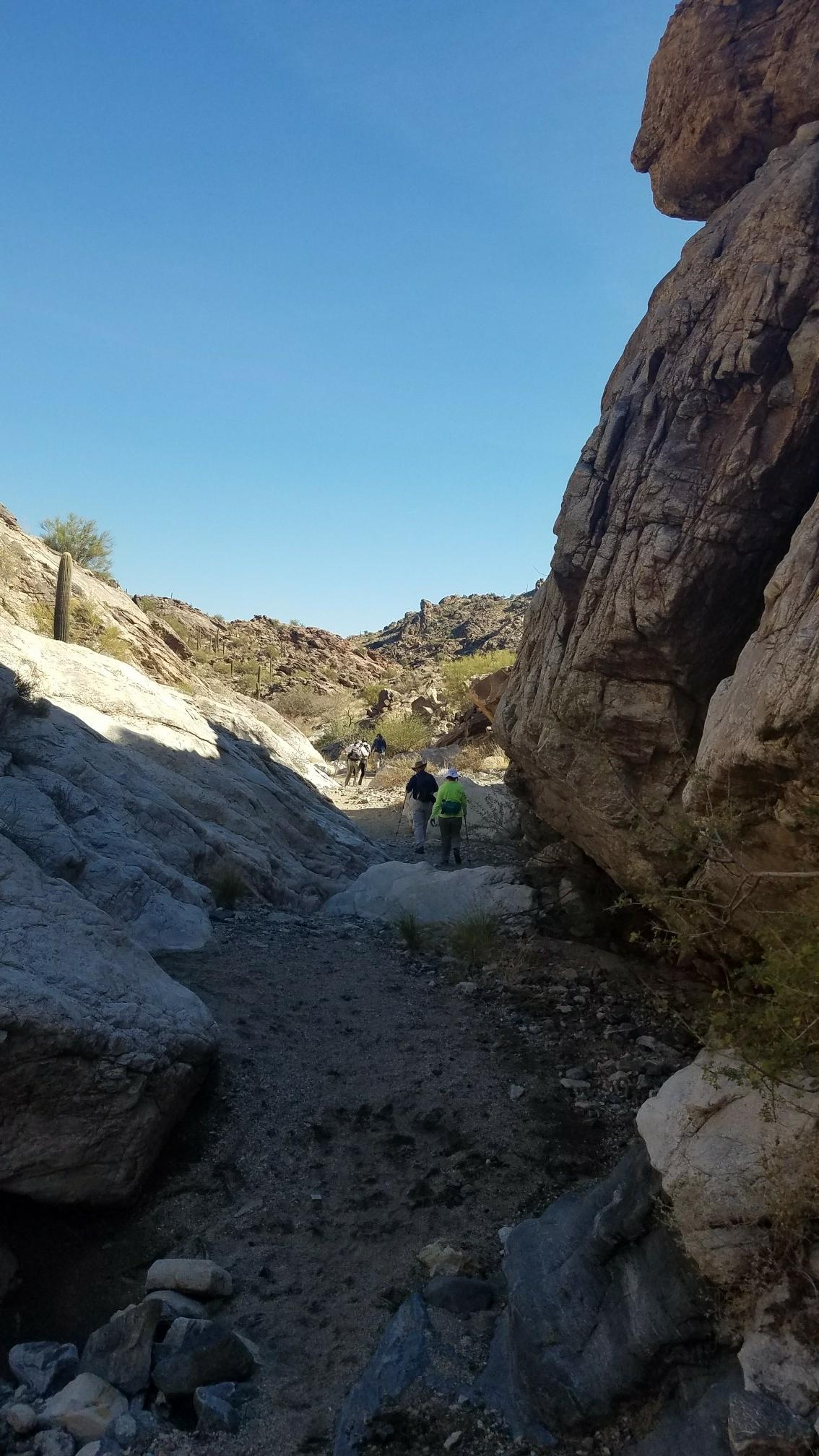 Hikers walk through a rocky, sunlit desert canyon with steep walls.