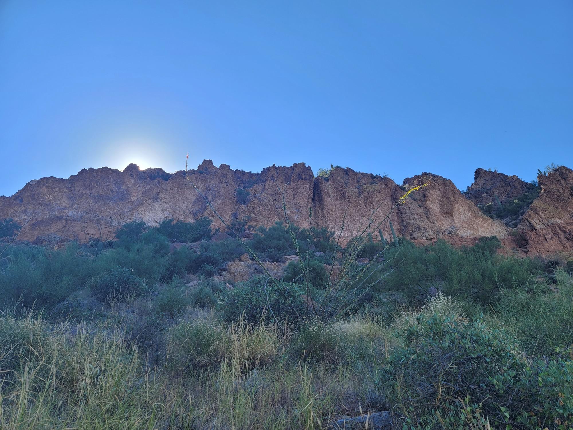 Sun peeking over a rugged mountain cliff with desert plants below.