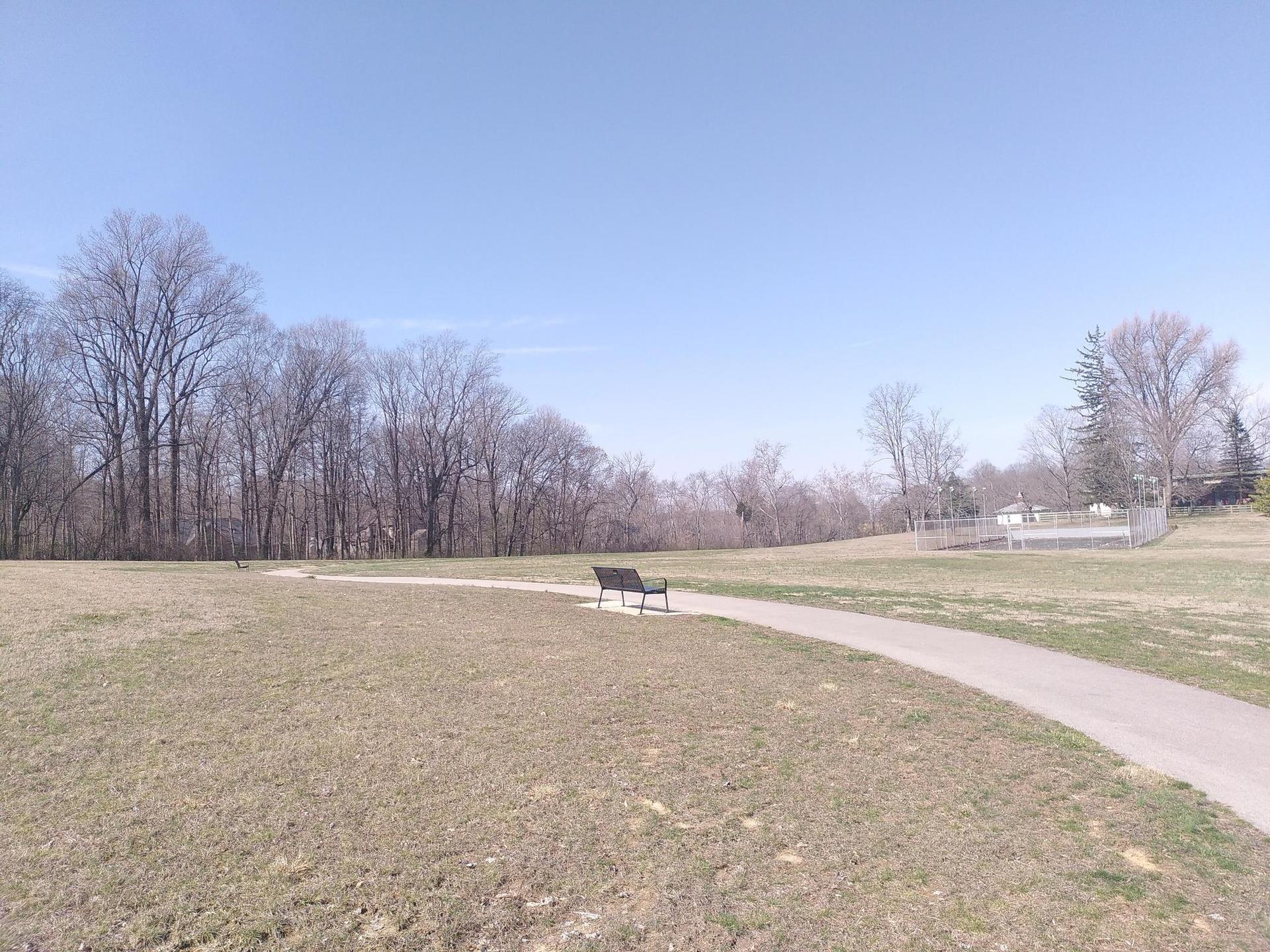 Park bench next to a paved path in a grassy field under a clear sky.
