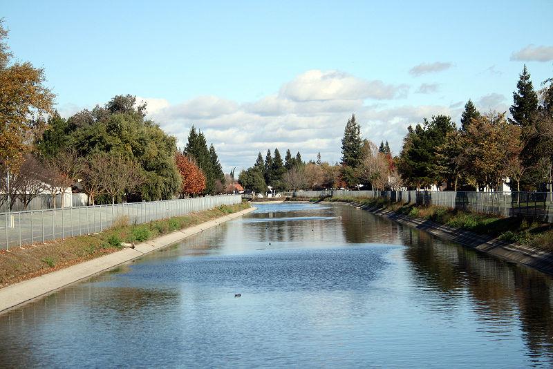 A wide canal with ducks, lined by trees and fences, under a bright sky.