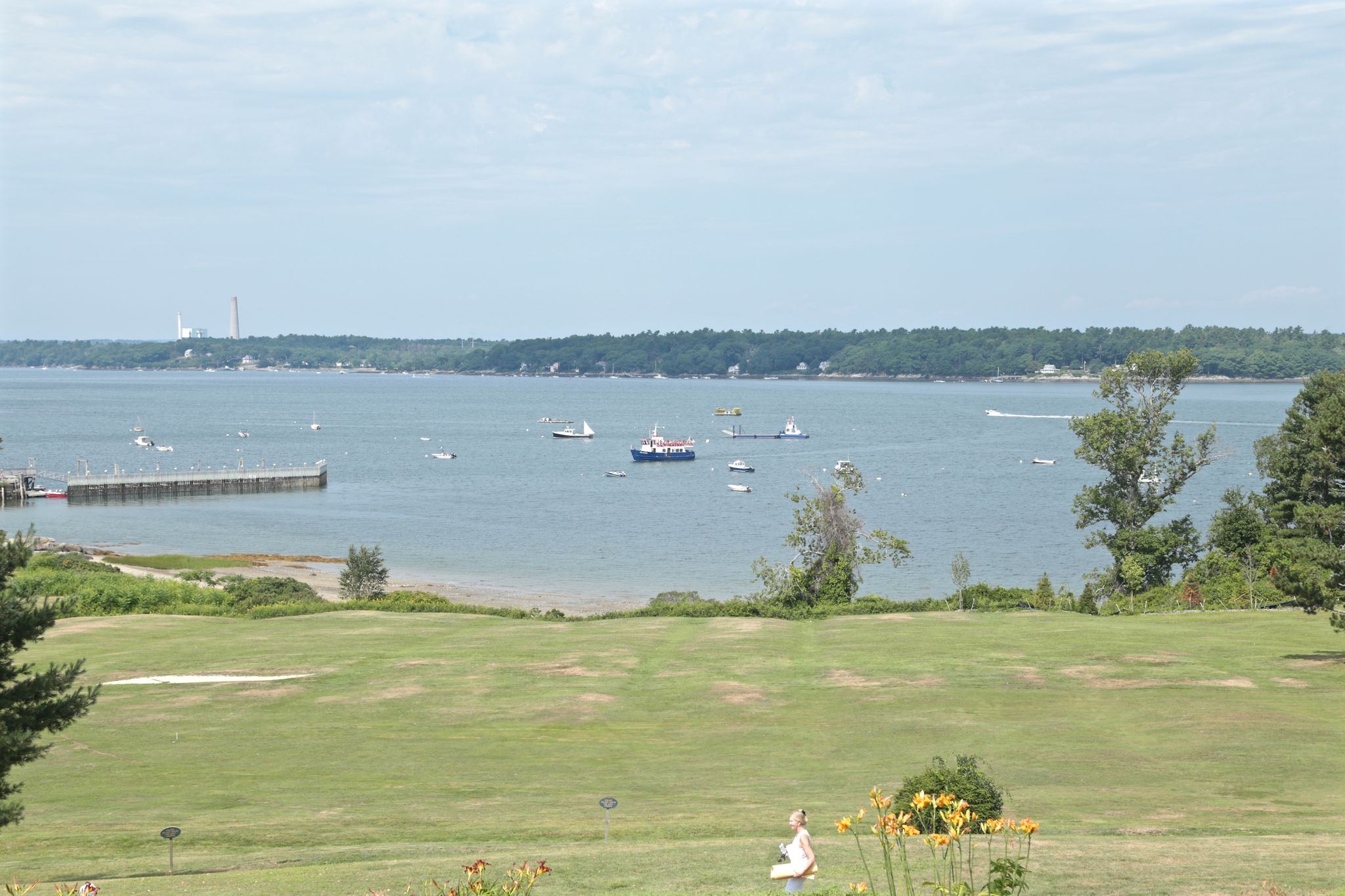 Boats on a bay with a pier, distant forested shore, and green field. - Chebeague Island loop