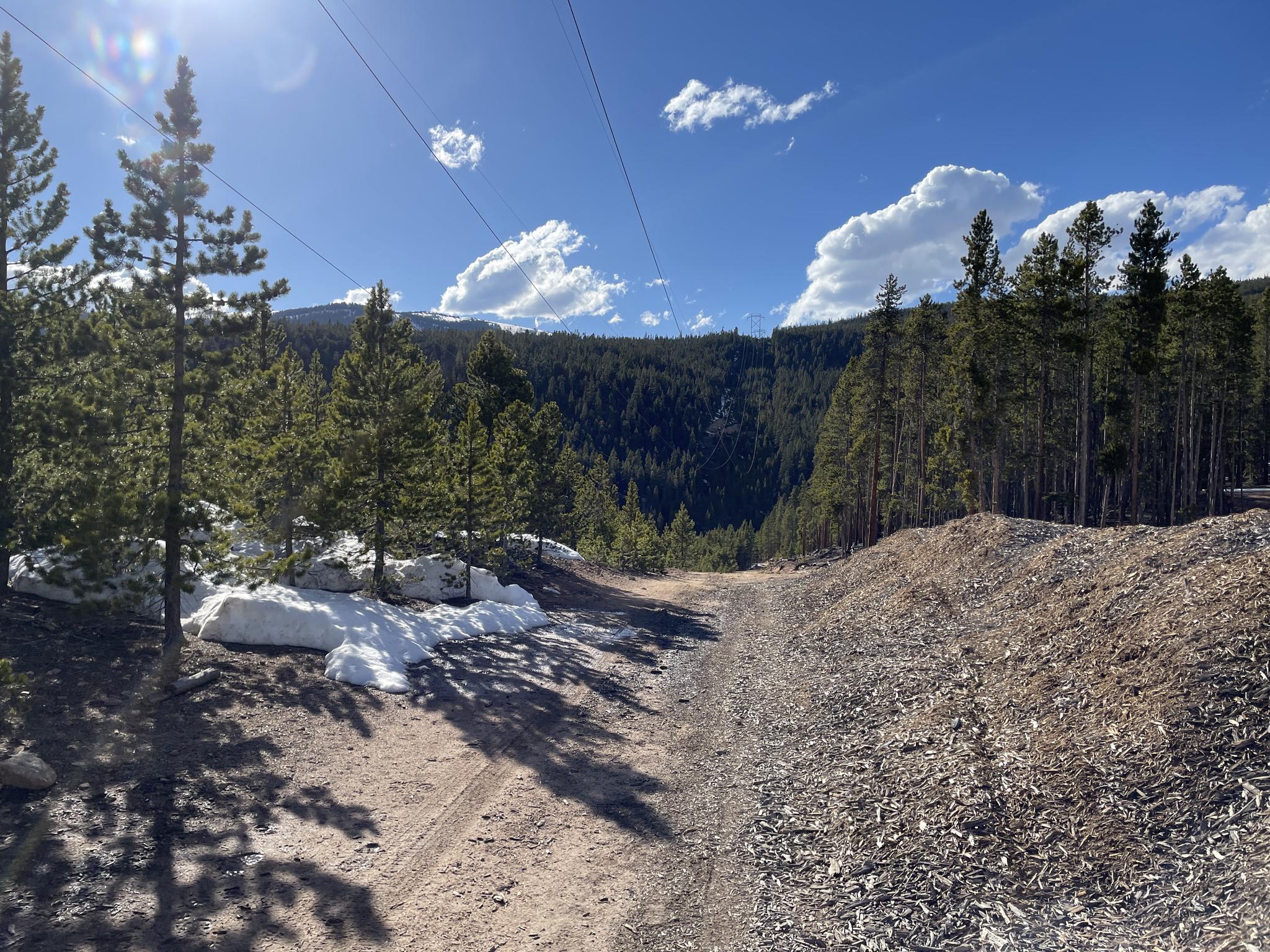 A dirt path descends into a mountain valley with snow and pine trees.