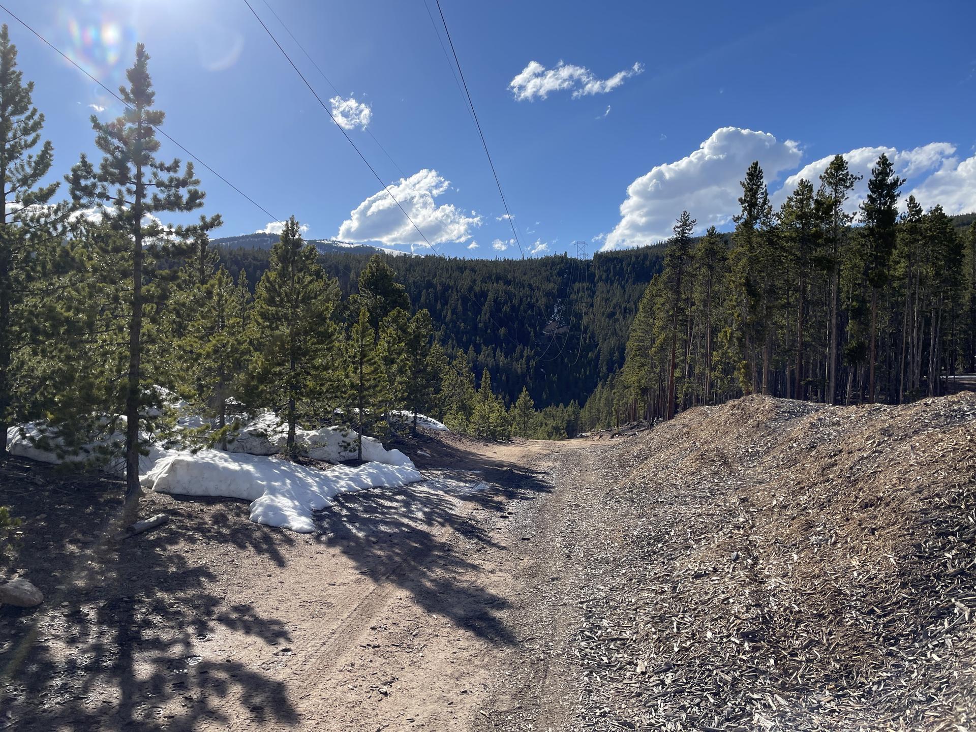 A dirt path descends into a mountain valley with snow and pine trees.