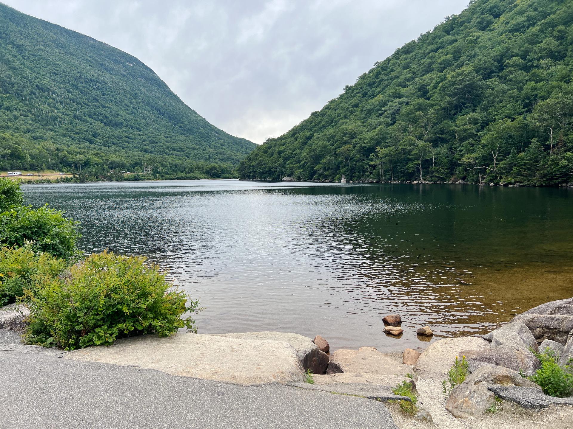 Calm lake with green mountains rising on both sides under an overcast sky.
