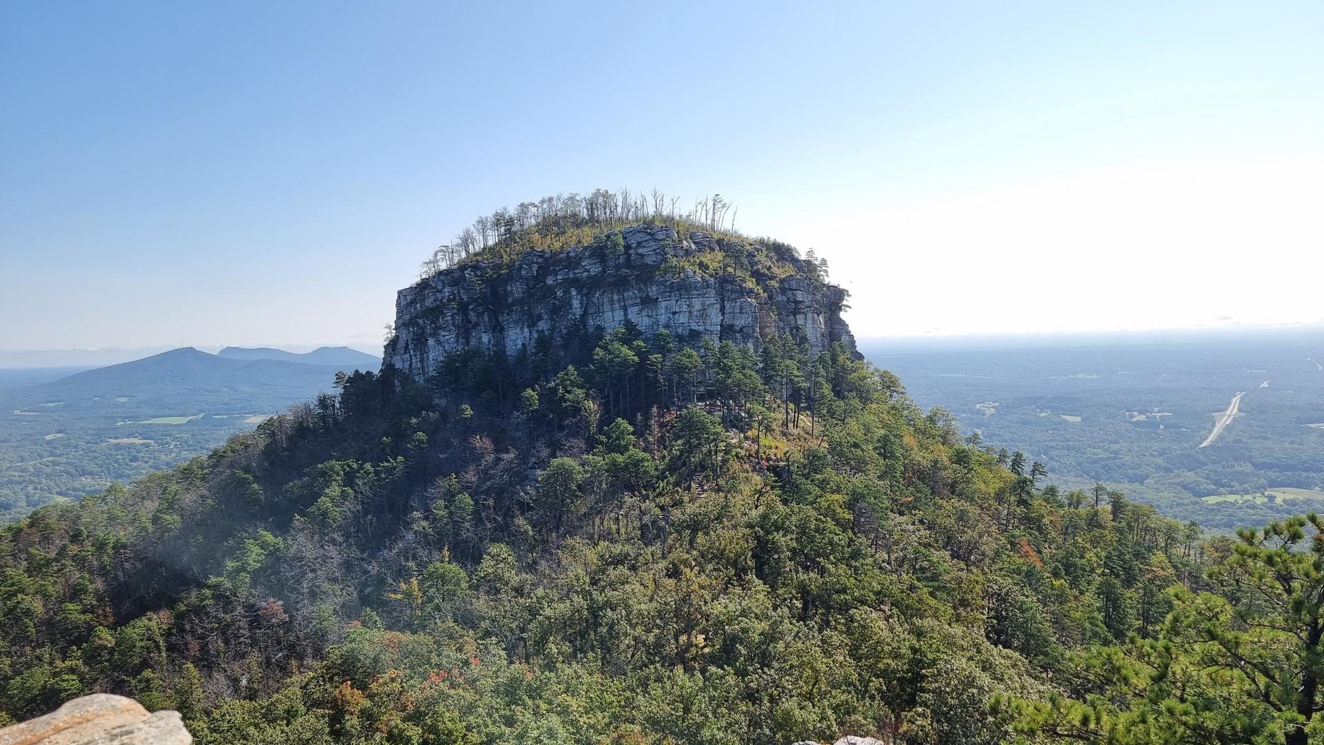 Panoramic view of a tree-covered, flat-topped mountain under a clear blue sky.