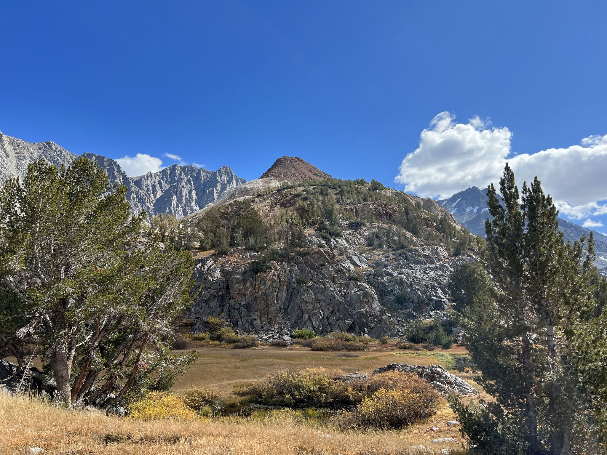 Mountainous landscape with a rocky peak, green trees, and a meadow. - Chocolate Lakes loop
