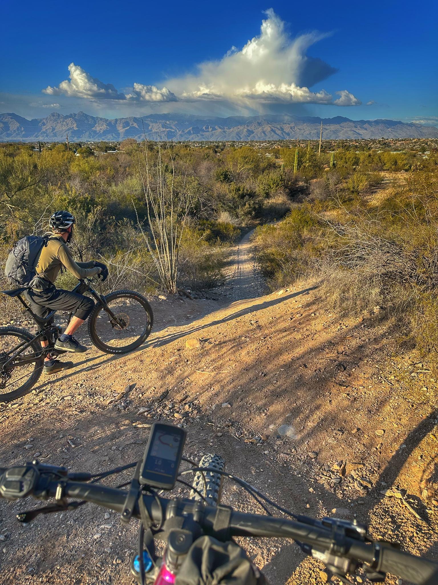 Two mountain bikers on a sunny desert trail with distant mountains.