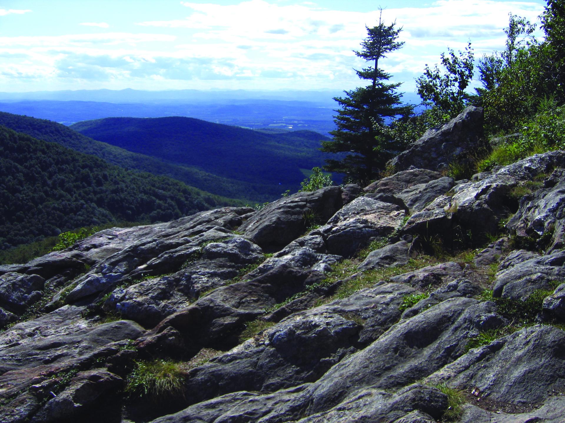 Rocky mountain slope overlooking forested valleys under a bright, clear sky.