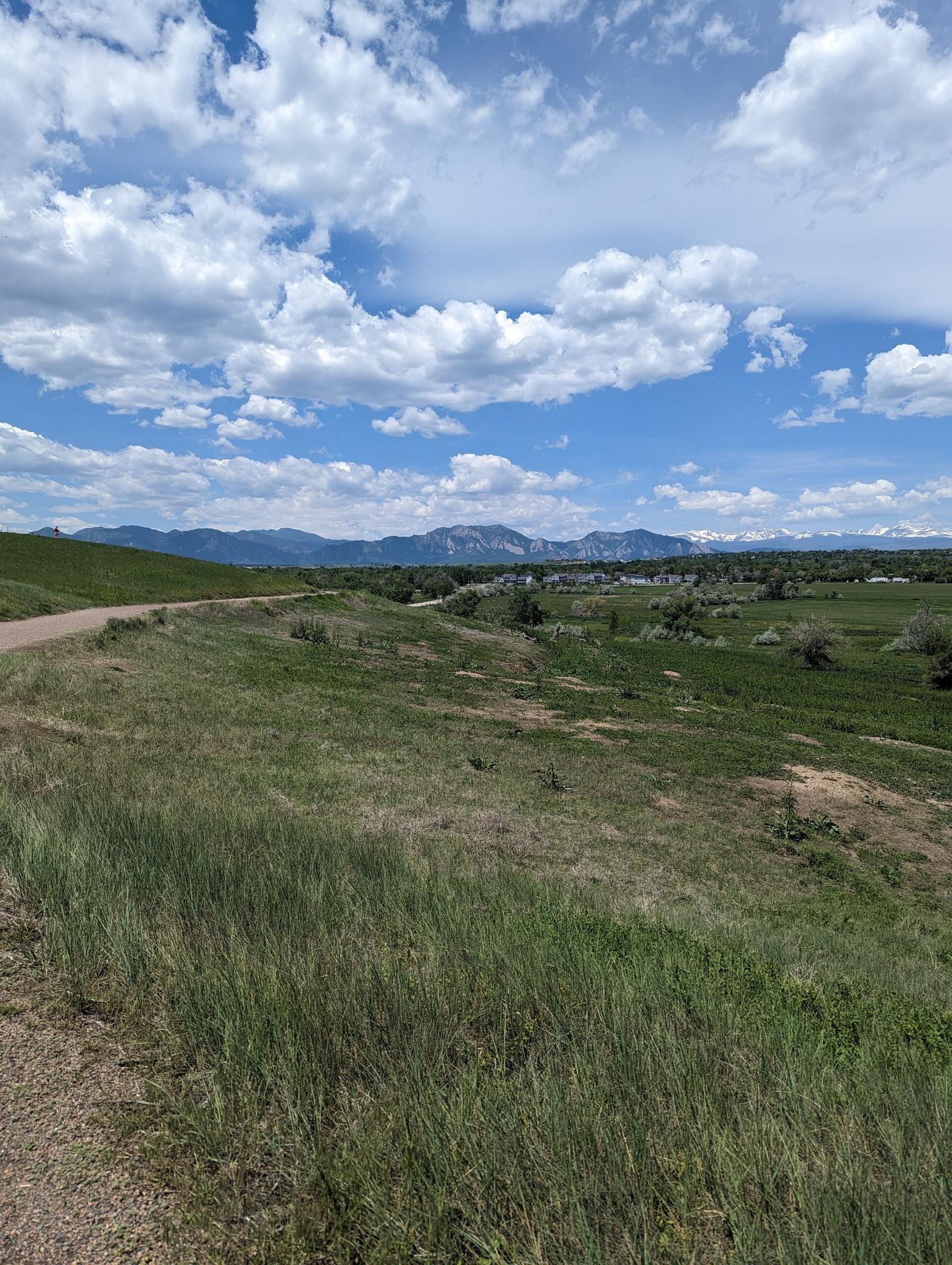 A green grassy field with distant mountains under a cloudy blue sky.
