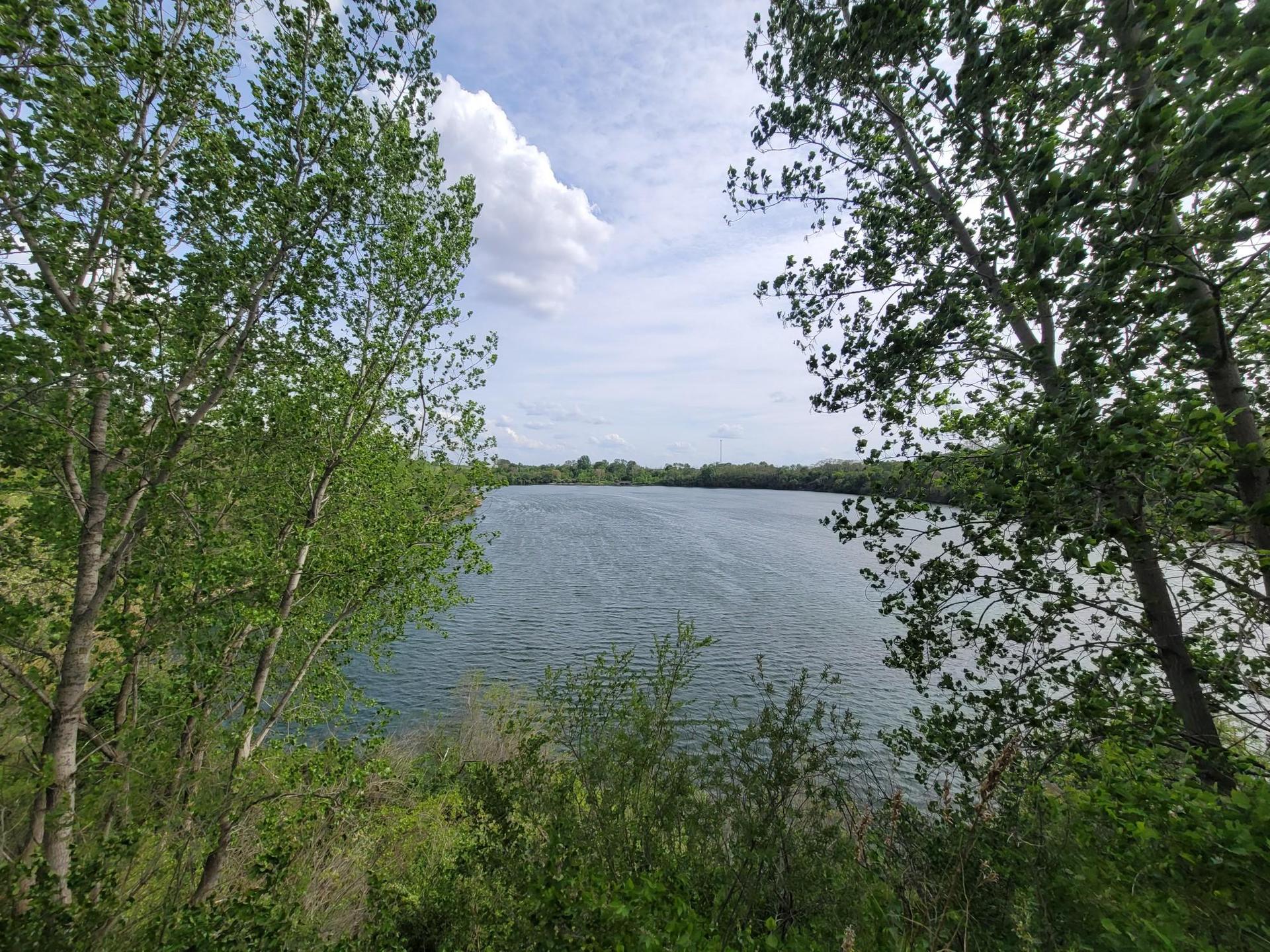 A wide lake viewed through green trees under a partly cloudy sky.