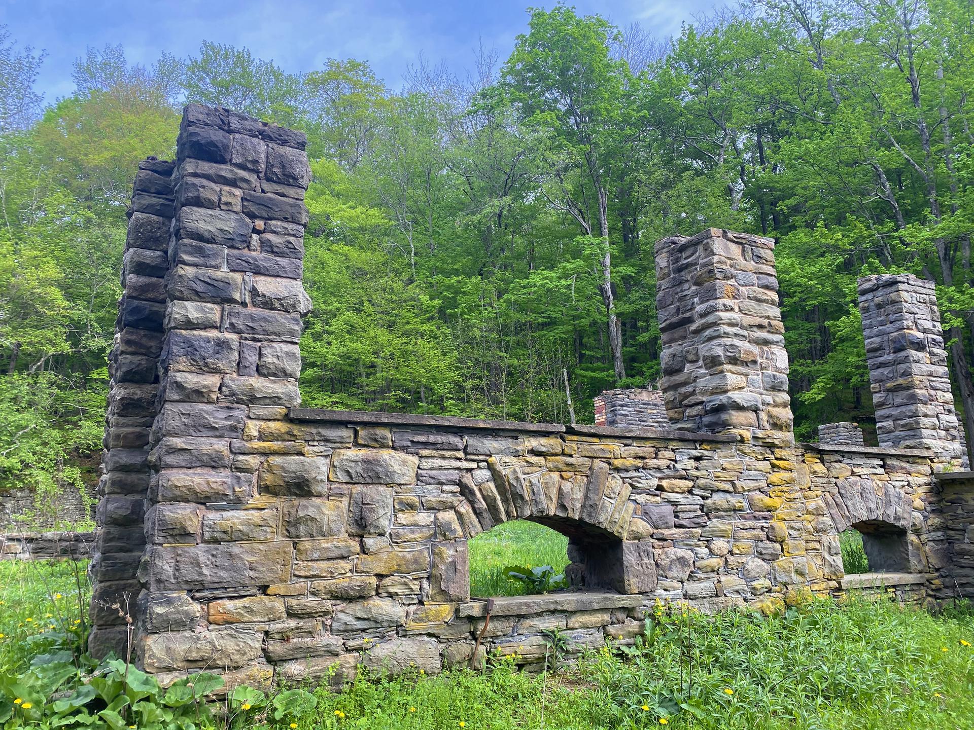 Stone ruins with arches in a lush green forest under bright daylight.