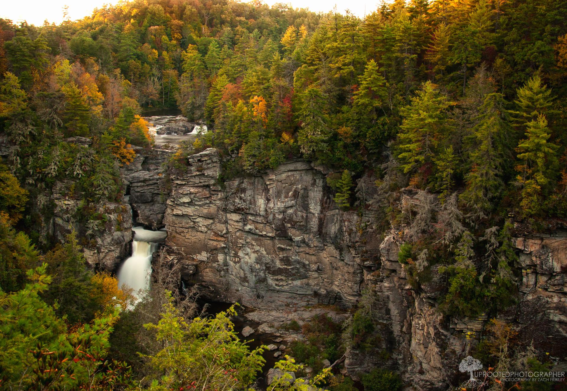 Wide canyon with a waterfall, surrounded by autumn trees under warm light.