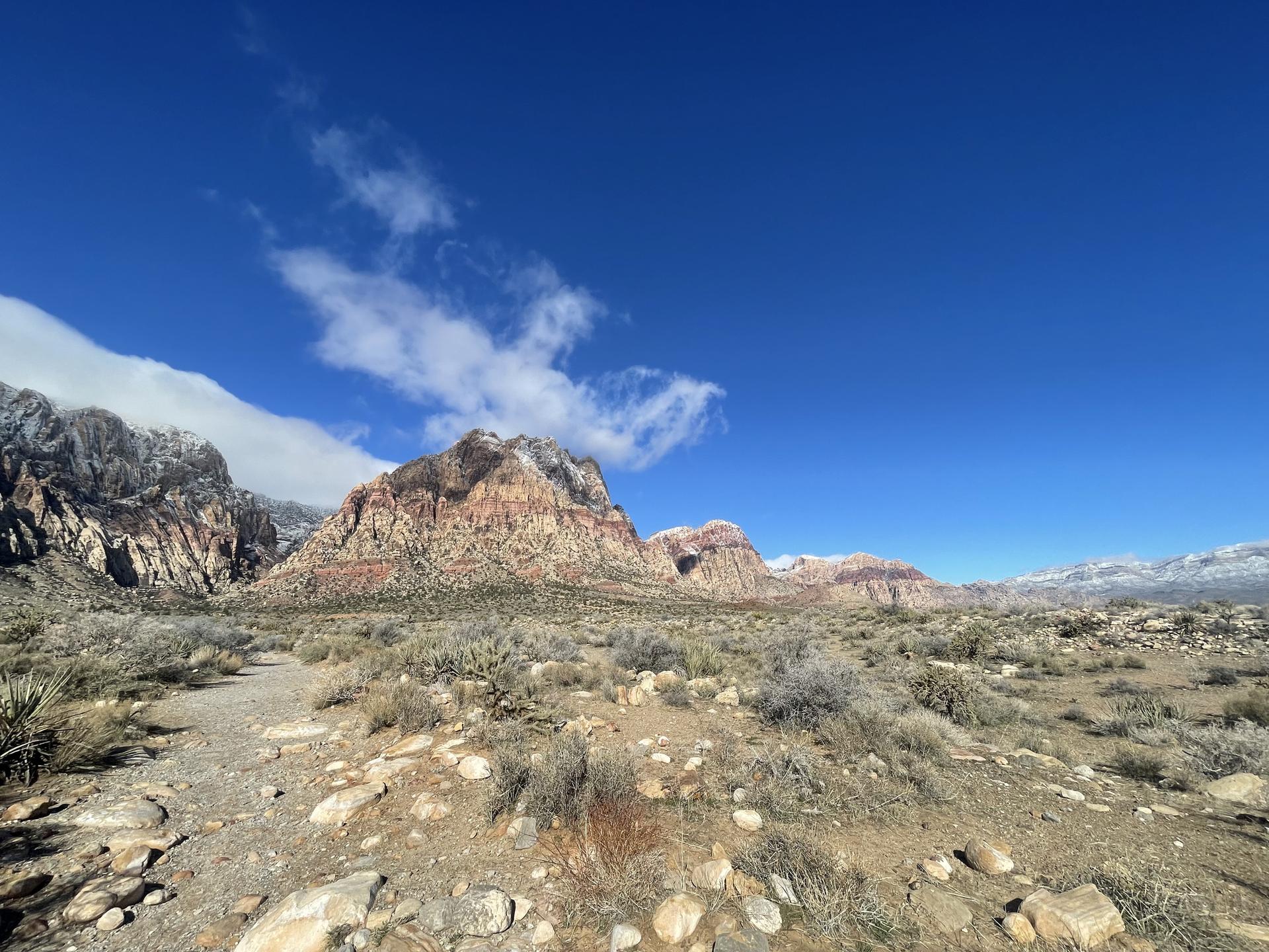 Wide desert landscape with distant red rock mountains under a blue sky.